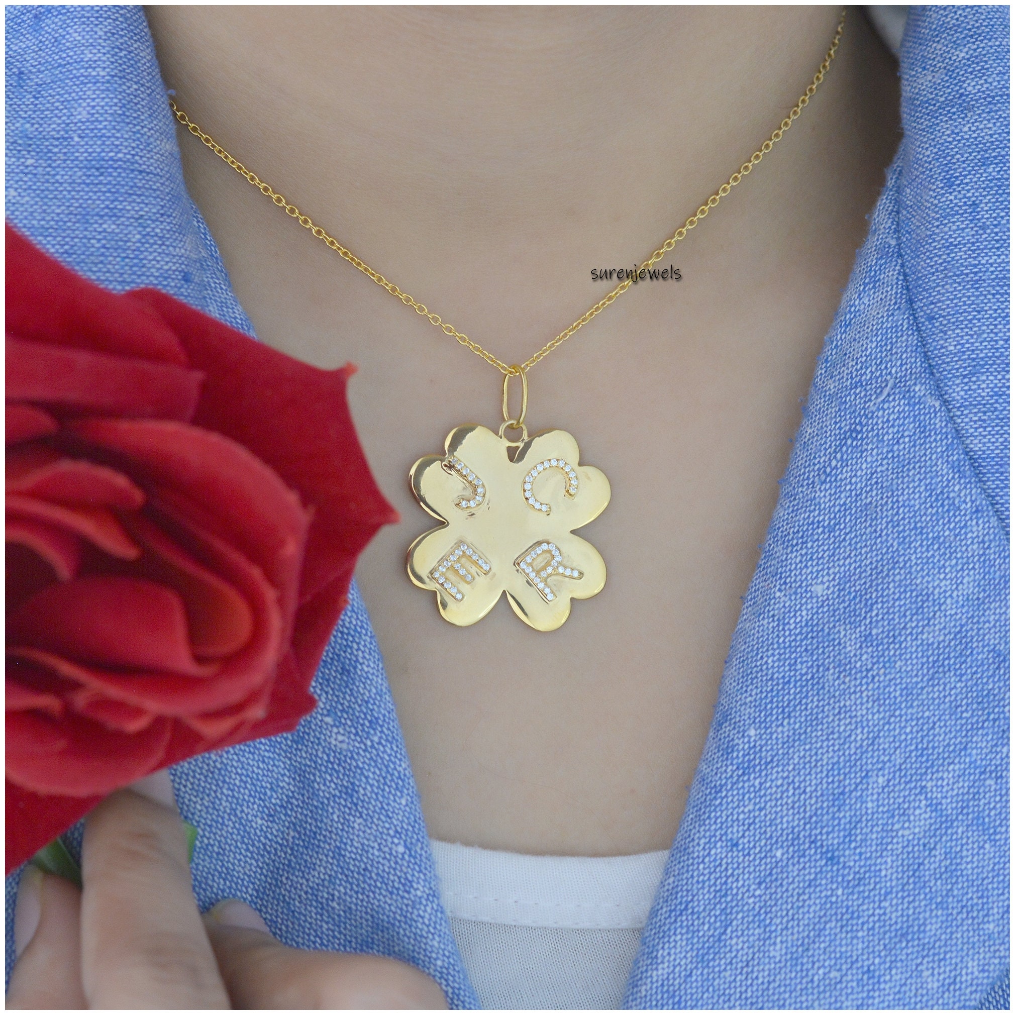 925 Silver Diamond Initial Clover Pendant 4 letter Flower - View 6 - Suren Jewels | SKU: SJP1000