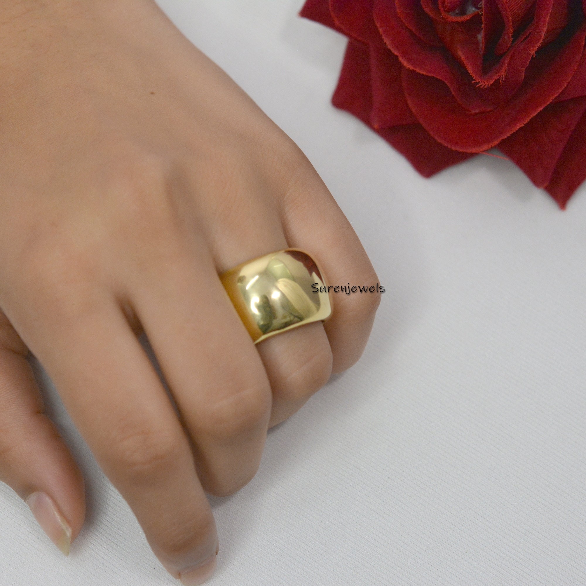 14K Gold Plated Cigar Band Ring, 925 Sterling Silver Wedding Ring - View 3 - Suren Jewels | SKU: SJR06-SLYG