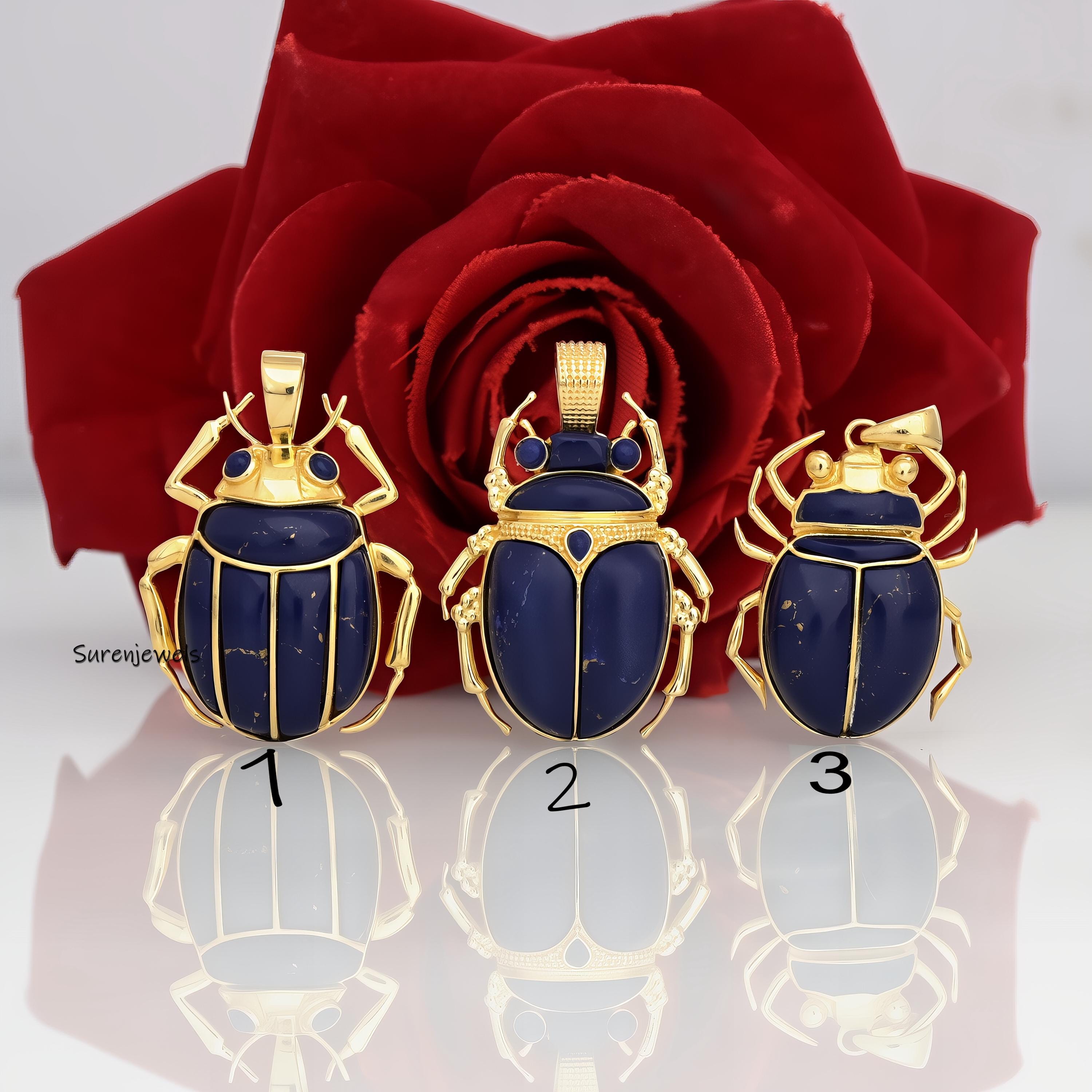 14K Gold Lapis Lazuli Scarab Pendant: Hand Carved Amulet Charm - View 2 - Suren Jewels | SKU: SJP3493-SLYGLPZ-35M,SJP3487-SLY