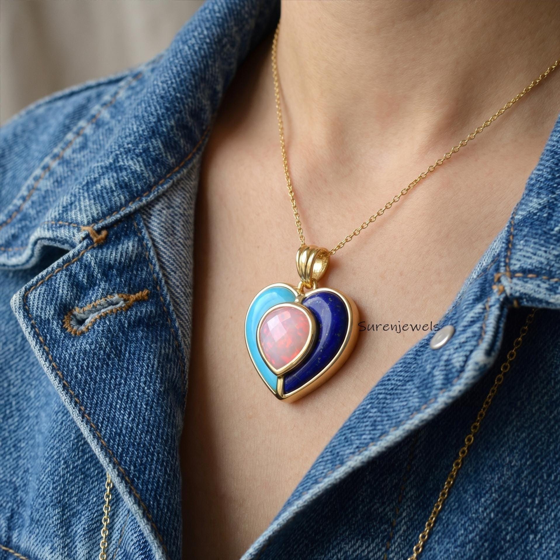 14k Gold Gemstone Heart Pendant: Designer heart Pendant, Handmade Heart Pendant - View 2 - Suren Jewels | SKU: SJP