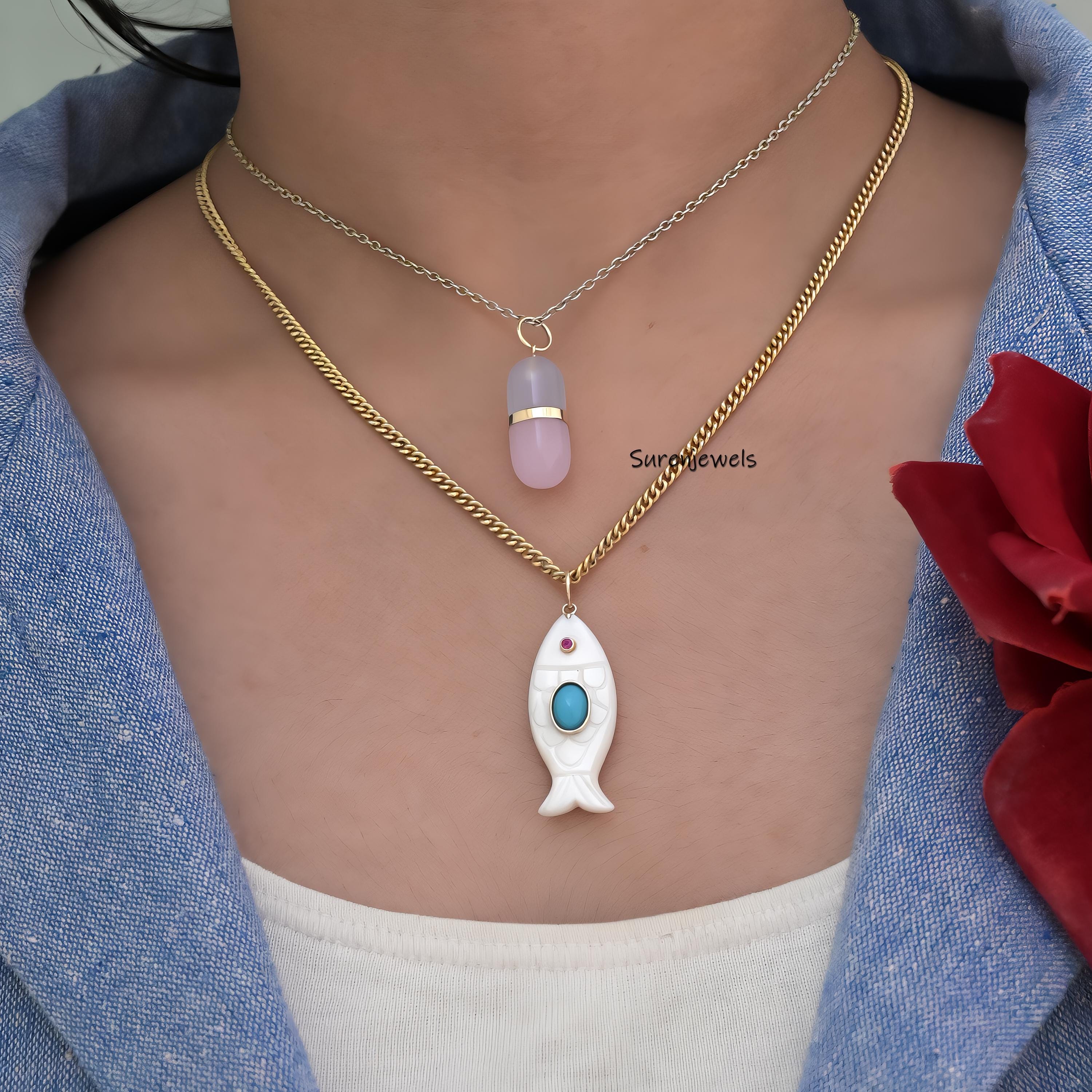 14K Gold Carved Gemstone Fish Pendant: Turquoise & Malachite - View 3 - Suren Jewels | SKU: SJP3434-9KYGRCRTQRUCZ-30M