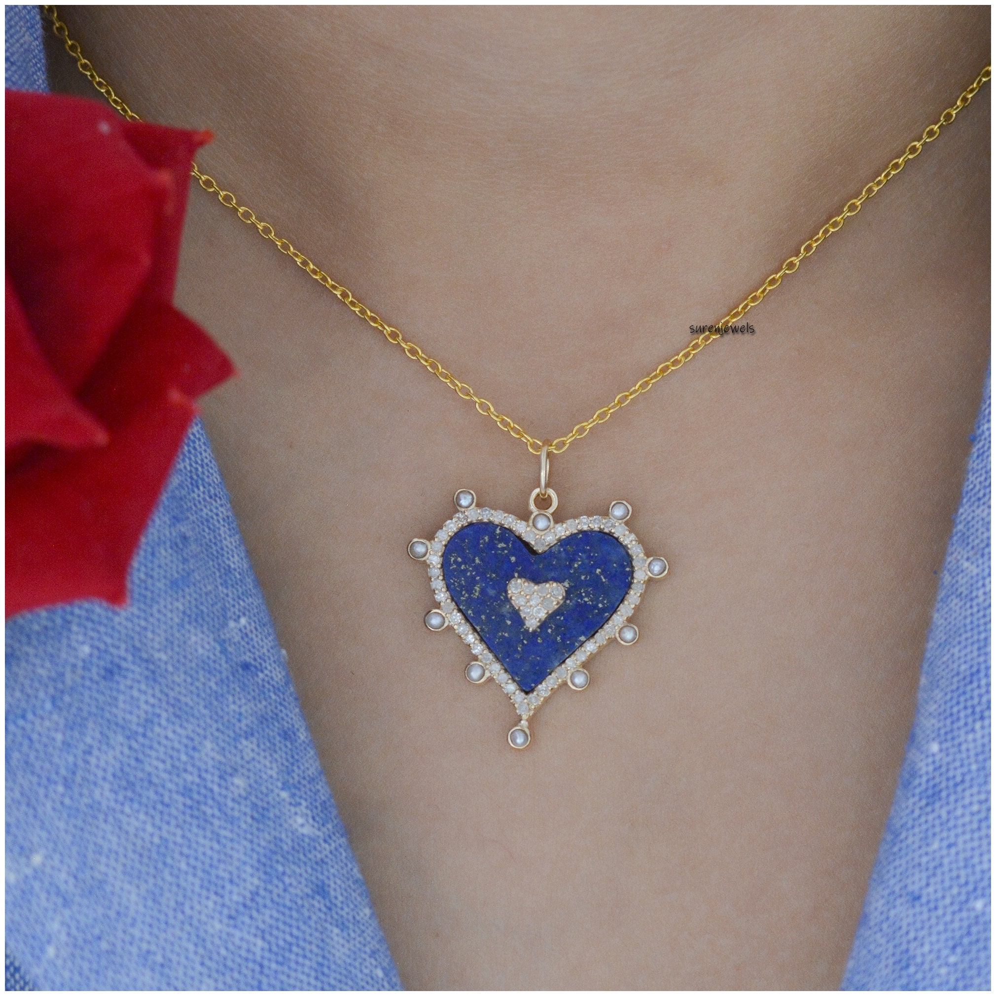 Gold Plated Heart Pendant: Gemstone, Moissanite & Pearl Charm - View 6 - Suren Jewels | SKU: SJP1271-14KYGLPZDIPL-25M