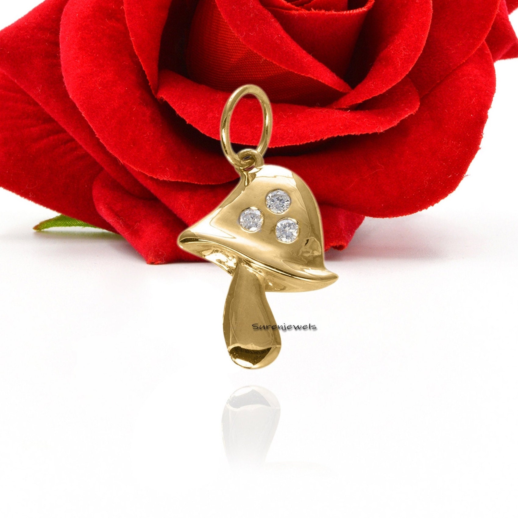 Solid Gold Gemstone Mushroom Pendant: Designer Charm - View 5 - Suren Jewels | SKU: MJM66