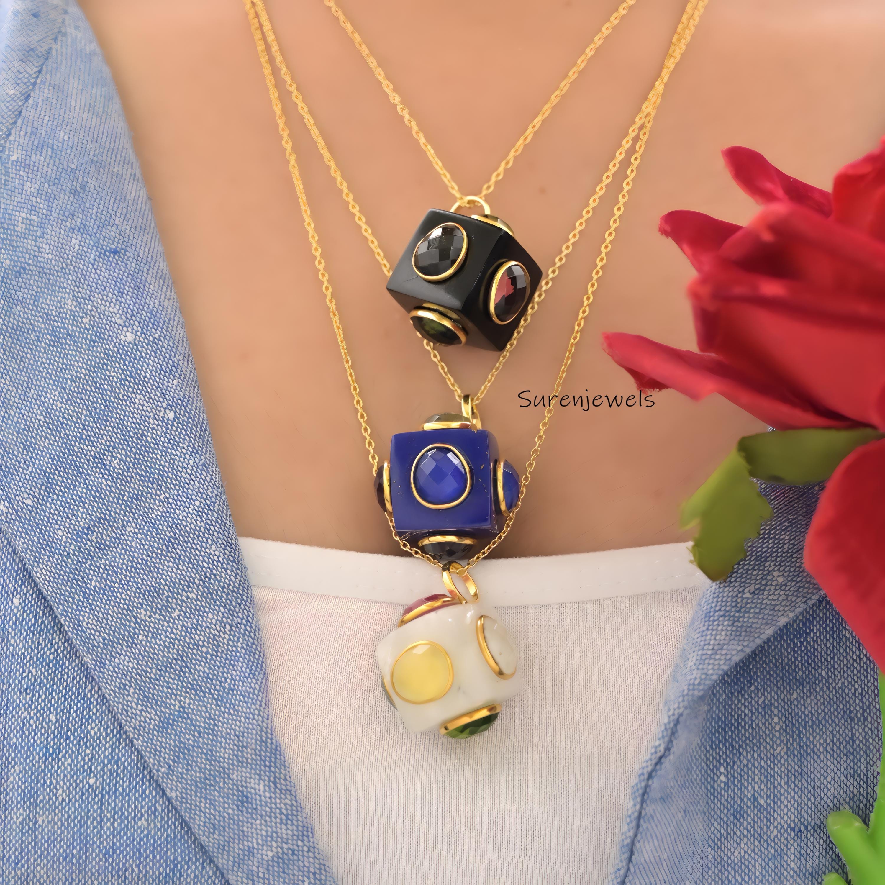 14K Gold Gemstone Cube Pendant - Handmade Multi Gemstone Dice Jewelry - View 2 - Suren Jewels | SKU: SJP5062