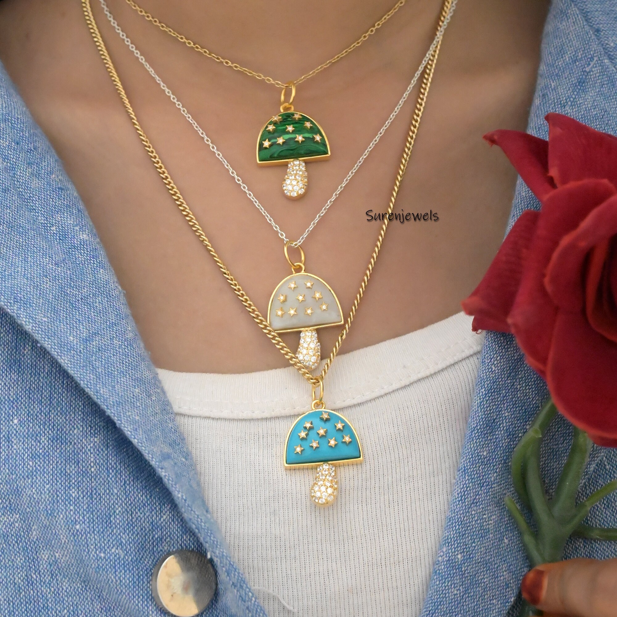 14k Solid Gold Mushroom Pendant: Pave Gemstone Magic Jewelry - View 5 - Suren Jewels | SKU: MJM68-