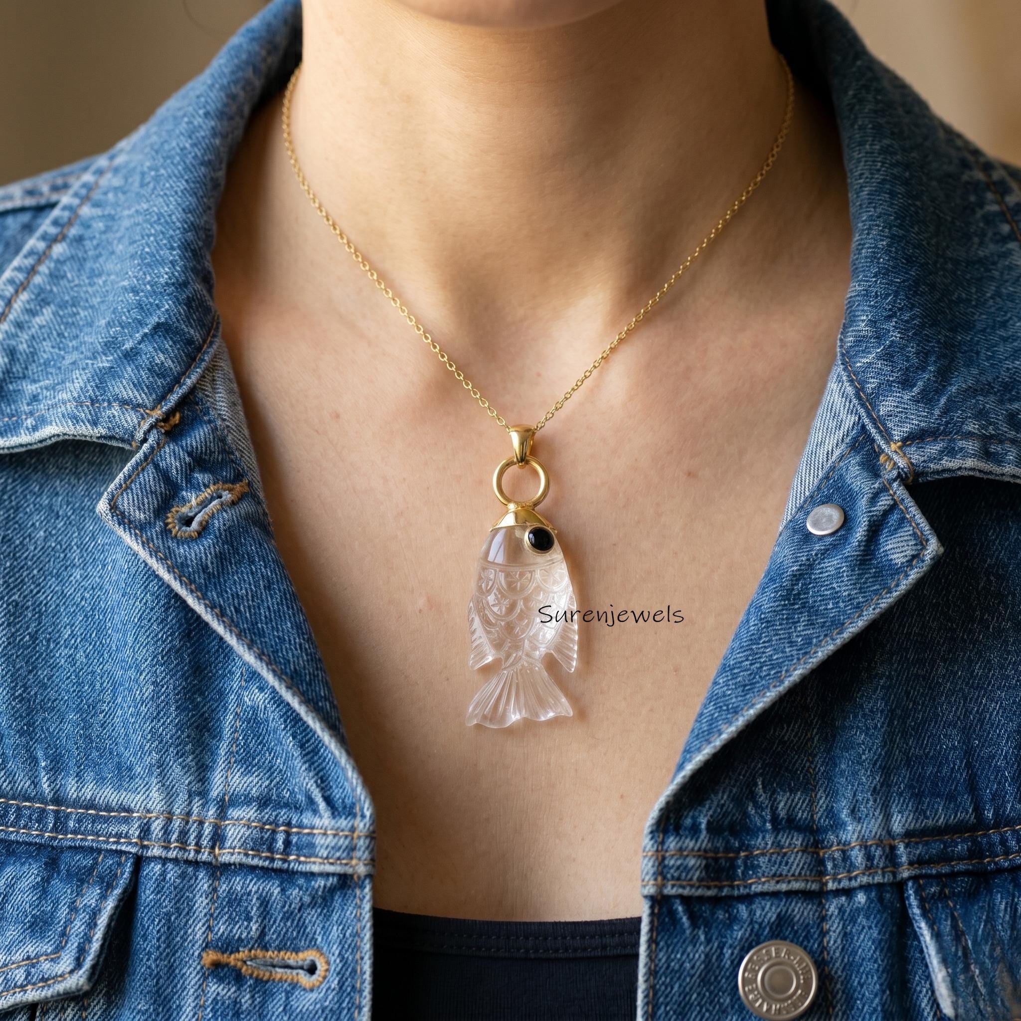 14K Gold Carved Fish Pendant, Gemstone Fish Pendant, Handmade Fish Charm, Animal Fish Jewelry, Lucky Gem Fish Pendant, Design