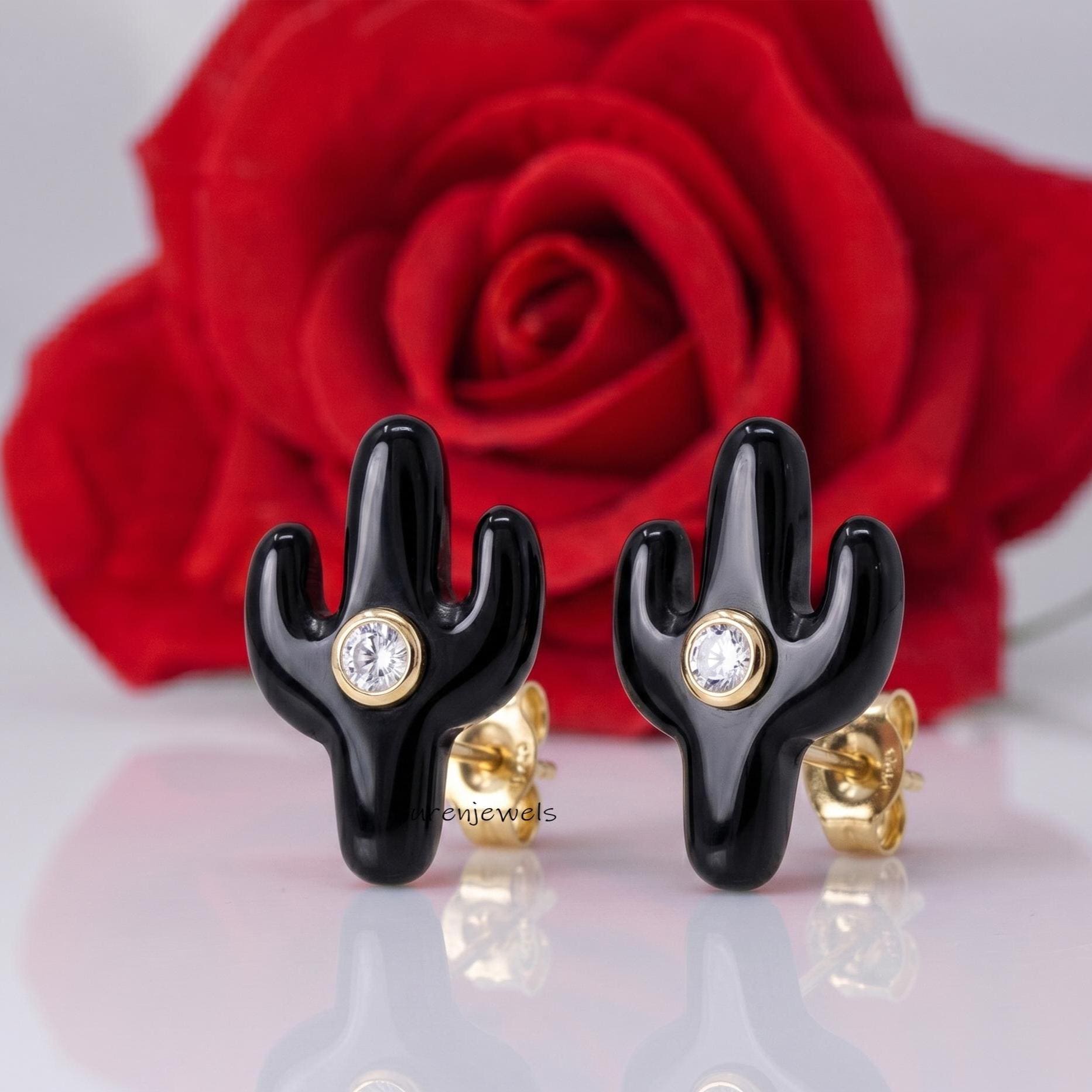 14K Gold Plated Cactus Studs, Lucky Cactus Studs, Cute Gemstone Cactus Studs, Summer Style Cactus Studs, Trendy Cactus Studs