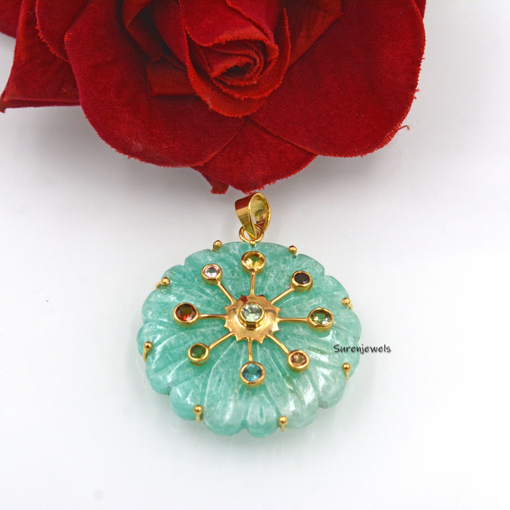 Hand Carved 14K Gold Flower Pendant: Gemstone Accent - View 4 - Suren Jewels | SKU: SJP1601