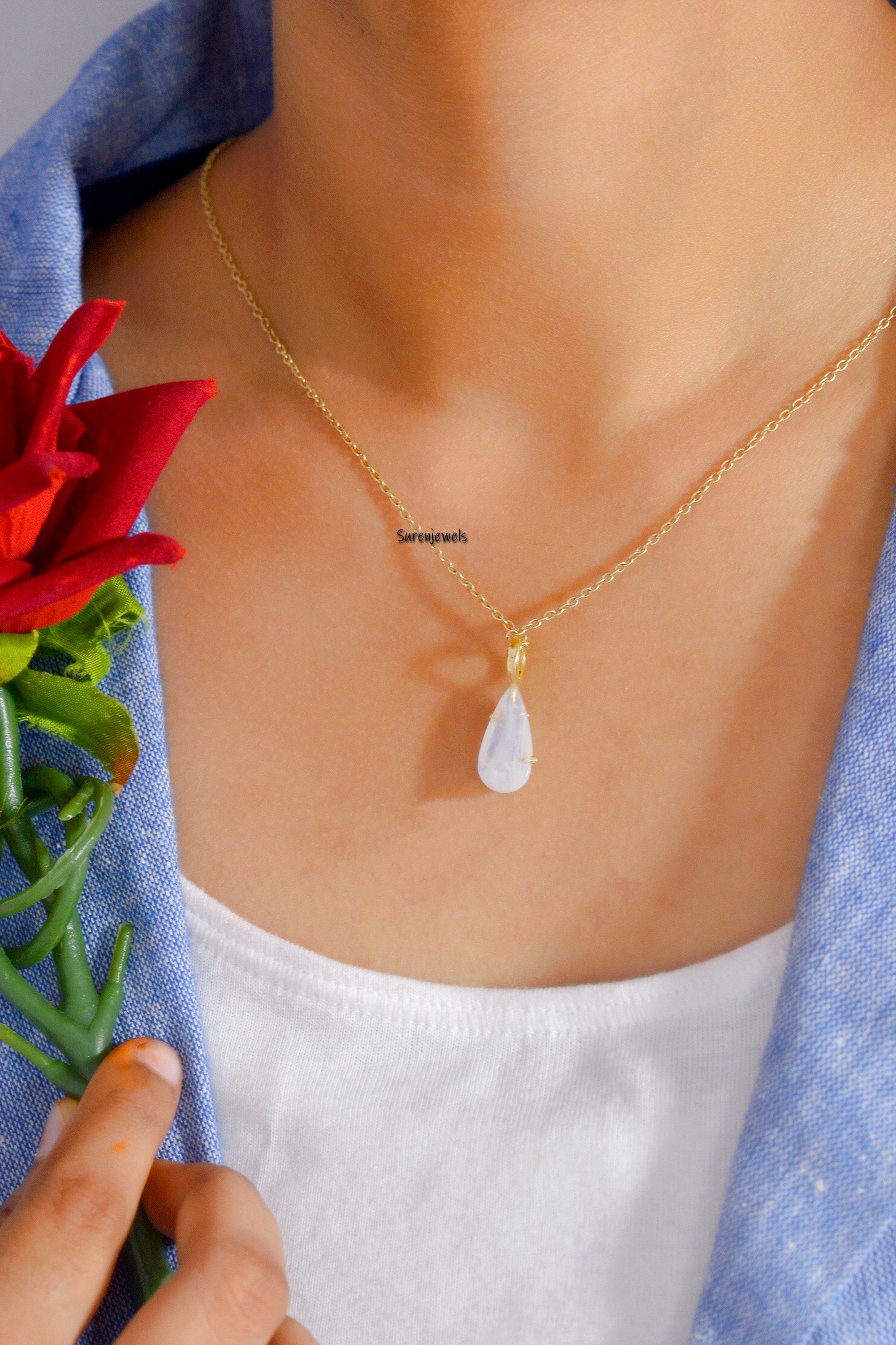 14K Gold Moonstone Drop Pendant: Gemstone Teardrop Necklace - View 3 - Suren Jewels | SKU: SJP1112-SLYGMSWT