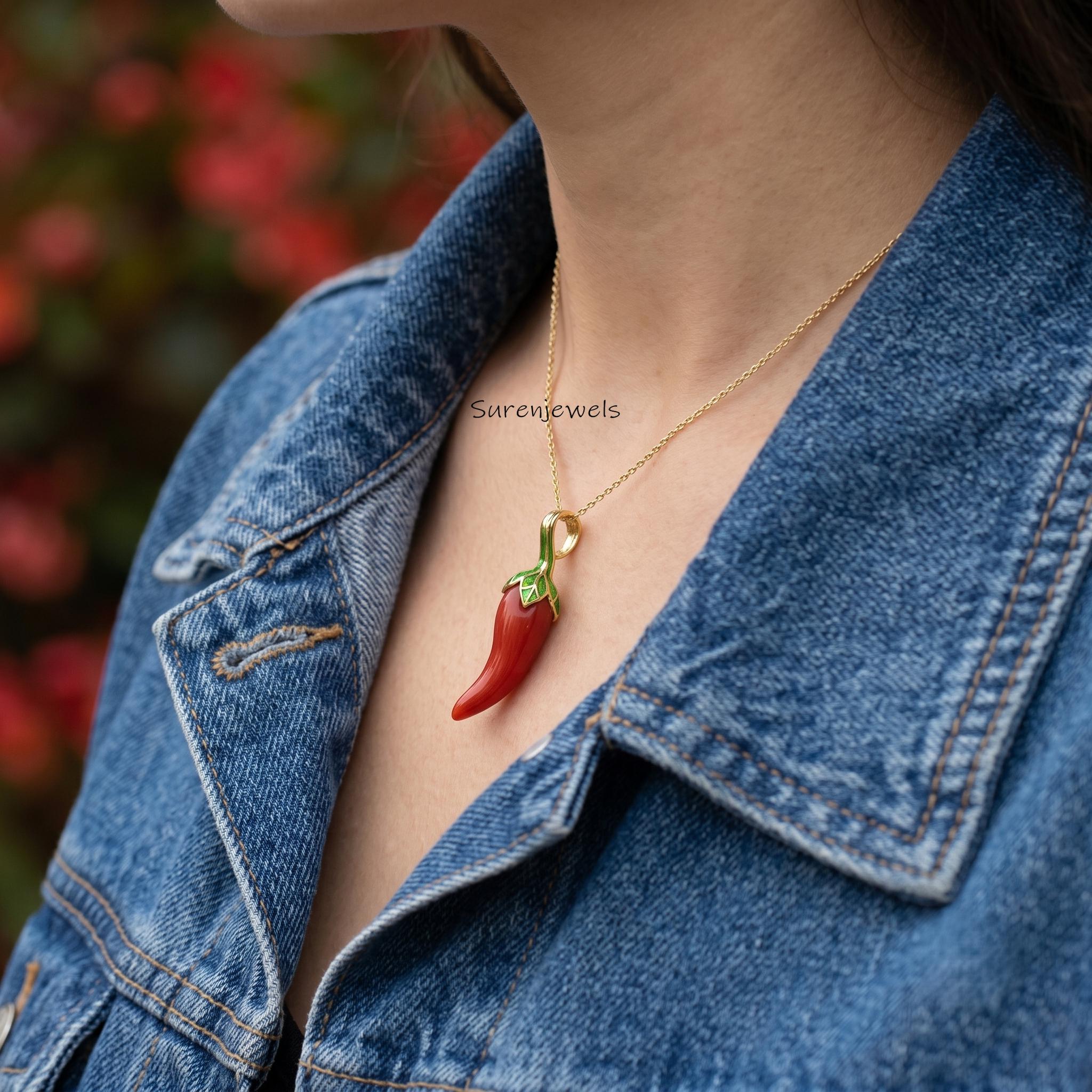 14K Gold Coral Chili Pendant, Gemstone Chili Pendant, Enamel Chili Pendant, Foodie Chili Jewelry, Designer Chili Charm, Carvi