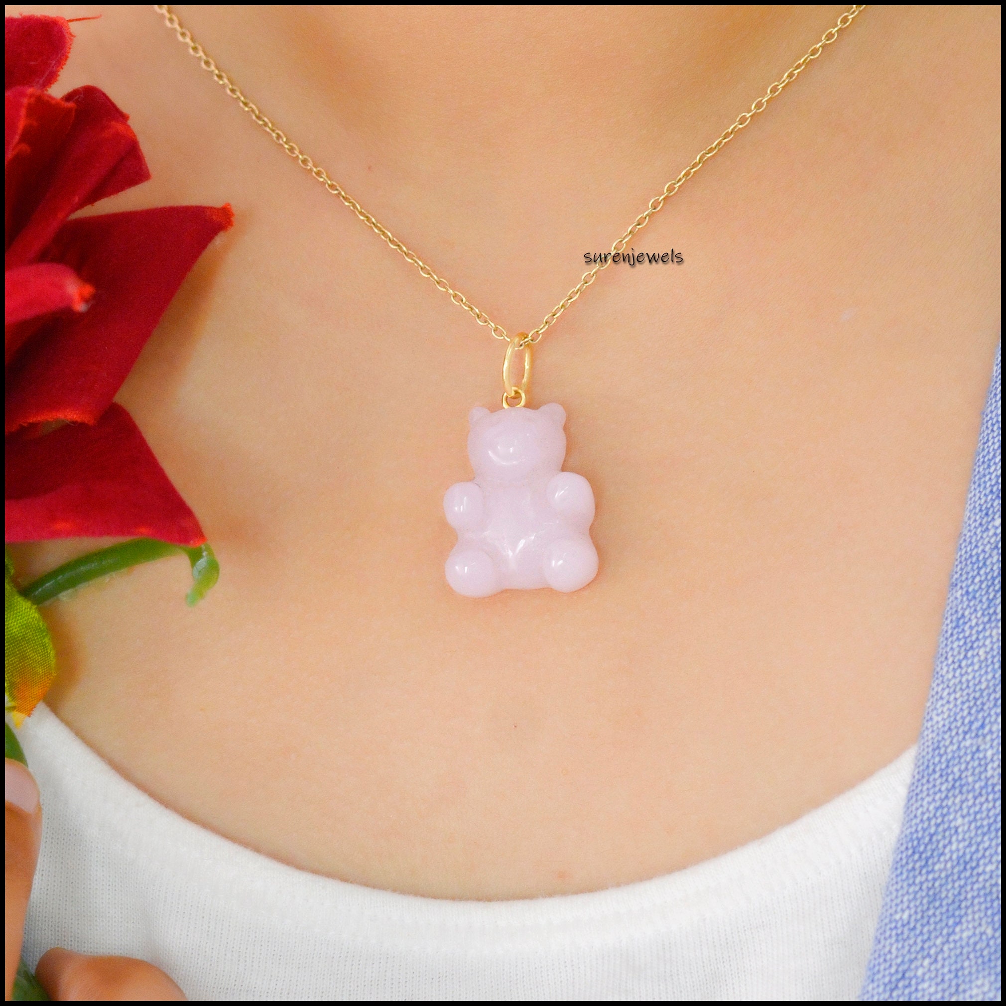 14K Gold Plated Gemstone Teddy Bear Pendant: Carved Candy Jewelry - View 5 - Suren Jewels | SKU: SJP1209-SLYGRQ