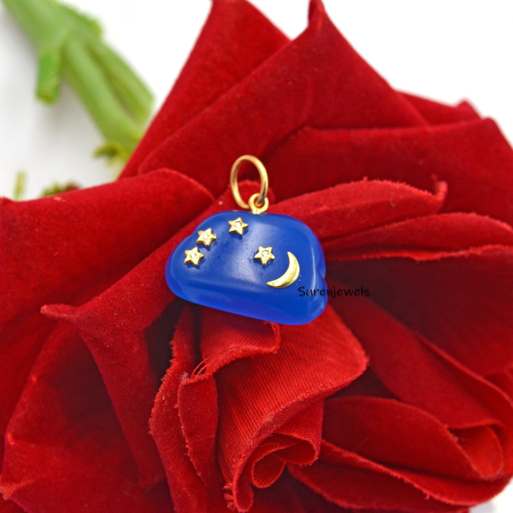 14K Gold Gemstone Cloud Pendant: Star Moon Design - Suren Jewels | SKU: SJP1435