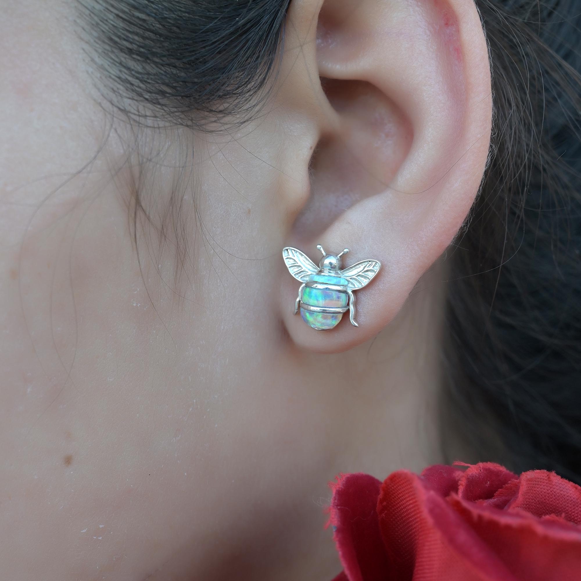 14K Gold Honey Bee Stud Earrings: Dainty Bumble Bee Jewelry - View 6 - Suren Jewels | SKU: SJE1756-SLYGEOP-12M,SJE1753-SLYGLP