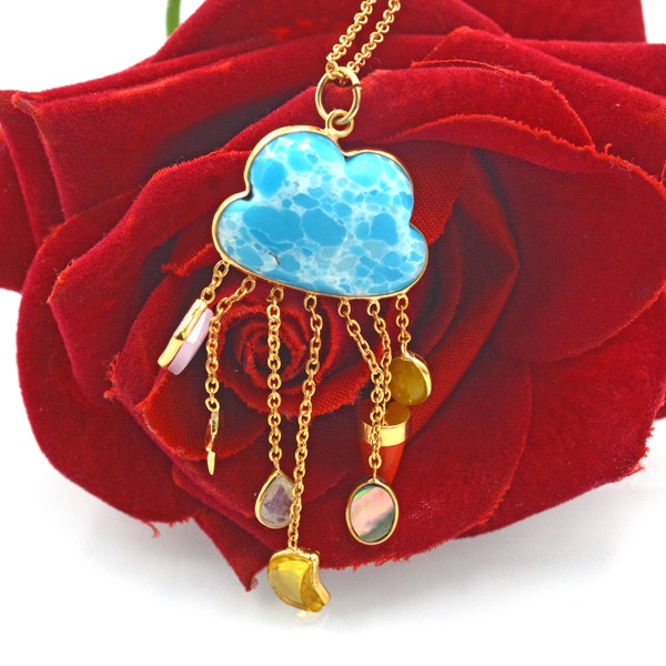 14K Gold Gemstone Cloud Pendant, Gold Rainy Cloud Pendant, Solid Gold Dainty Cloud Pendant, 14k Cloud Pendant, Gold Cloud Rain Pendant