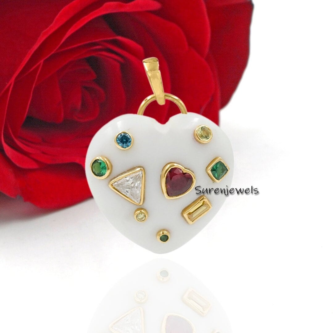 14k Gold Gemstone Heart Padlock Pendant, Carved Heart Lock - View 2 - Suren Jewels | SKU: SJP4685-SLYGTQMG-35M