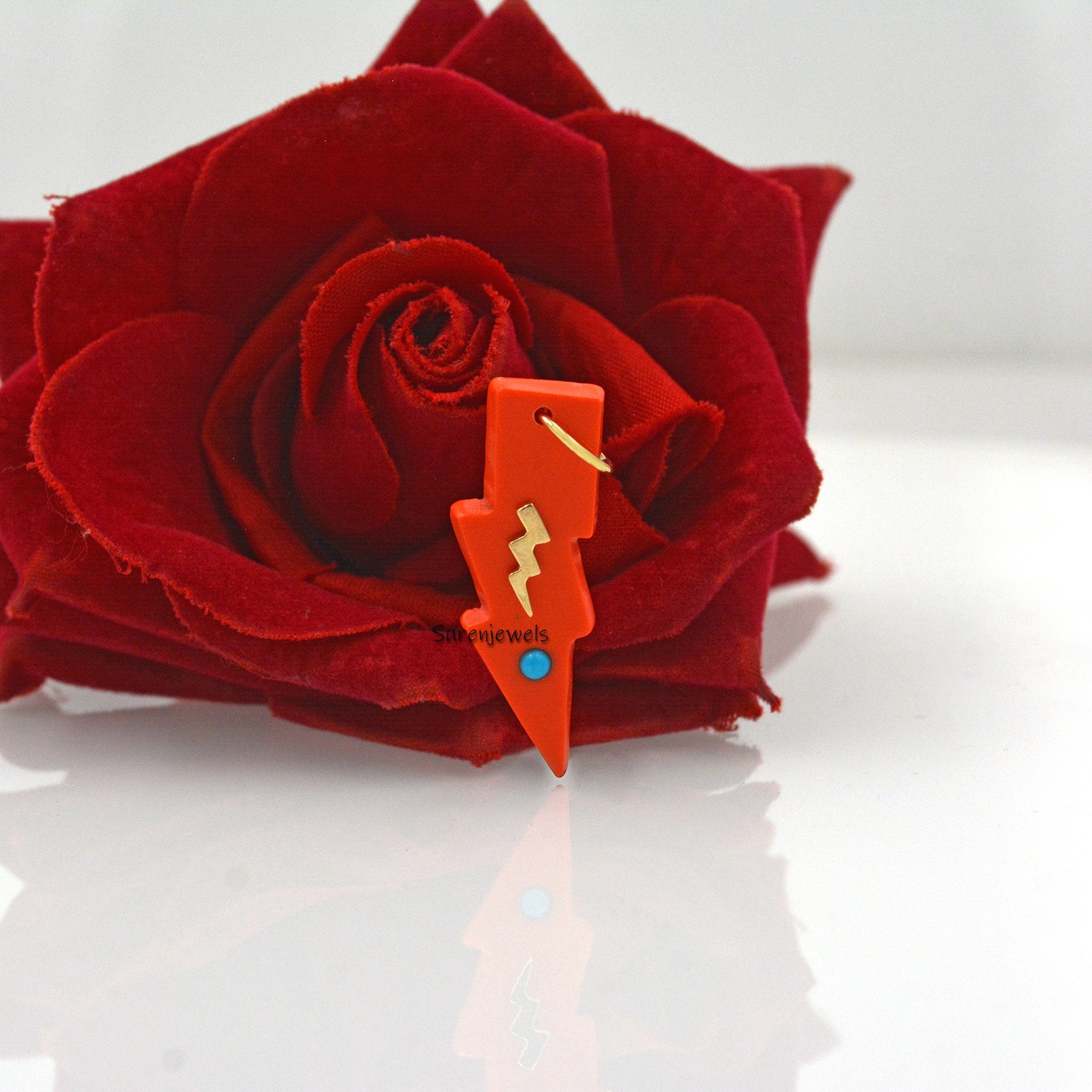 14k Gold Gemstone Lighting Bolt Pendant: Carved Coral or Turquoise - View 2 - Suren Jewels | SKU: SJP1617