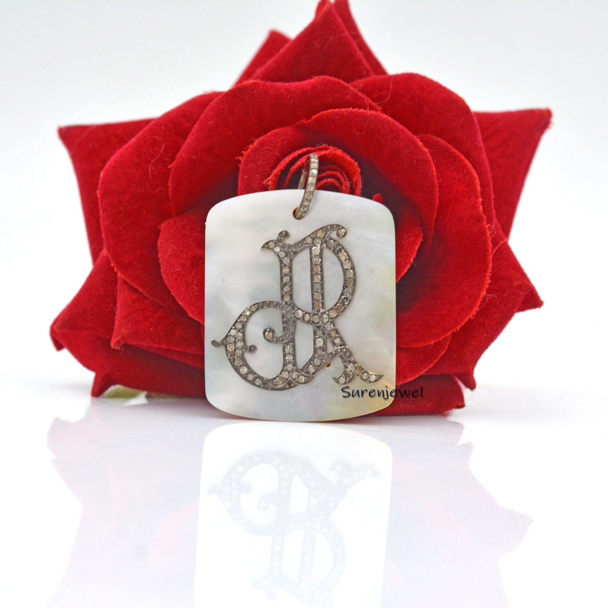 925 Silver Diamond Monogram Pendant: Pearl Gemstone Dog Tag - View 4 - Suren Jewels | SKU: SJP631-SLRHMOPDI-SG
