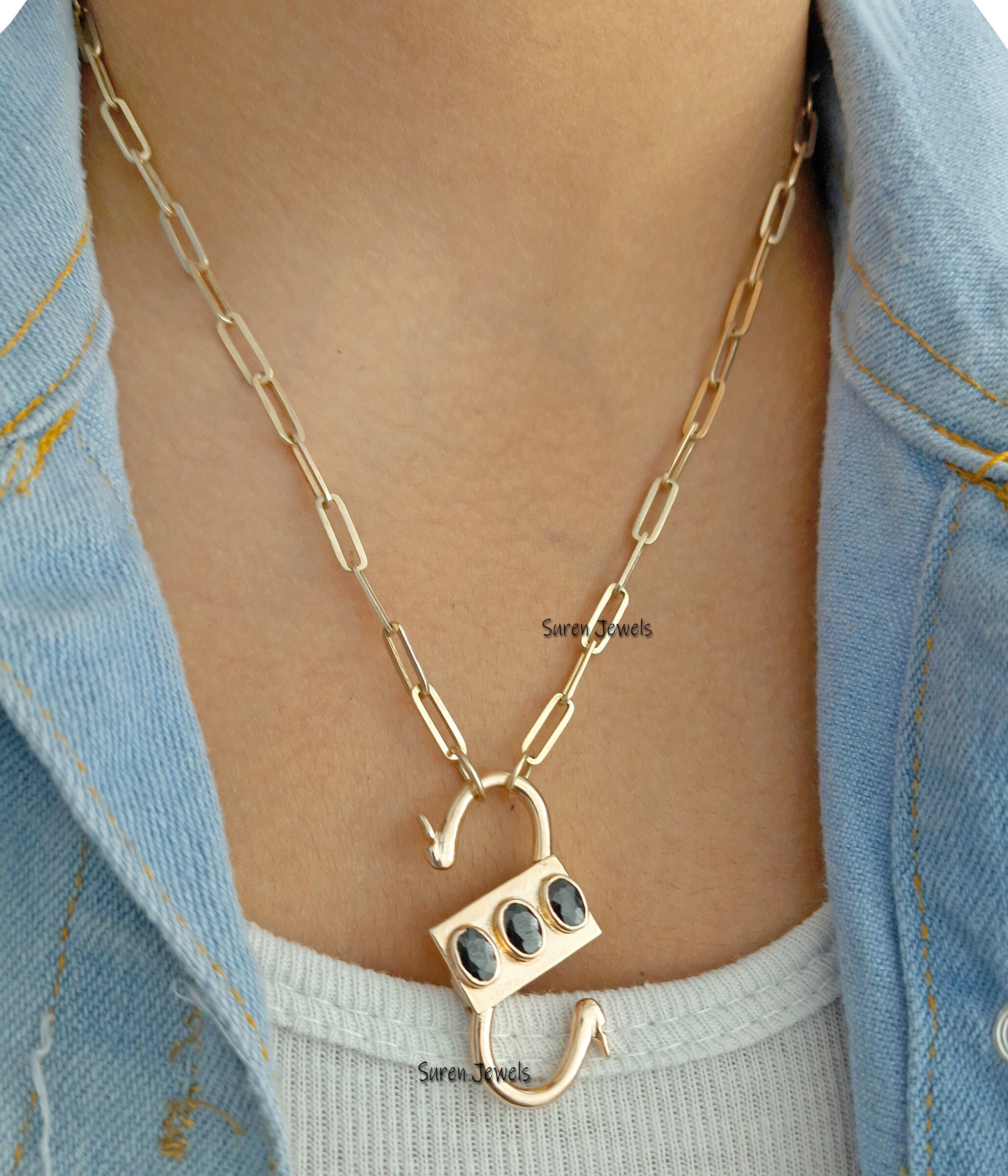 Black Onyx Padlock Pendant: 14K Yellow Gold Vermeil Sterling Silver Lock - Suren Jewels | SKU: SJP31-SLYGBO-N47-18I-925
