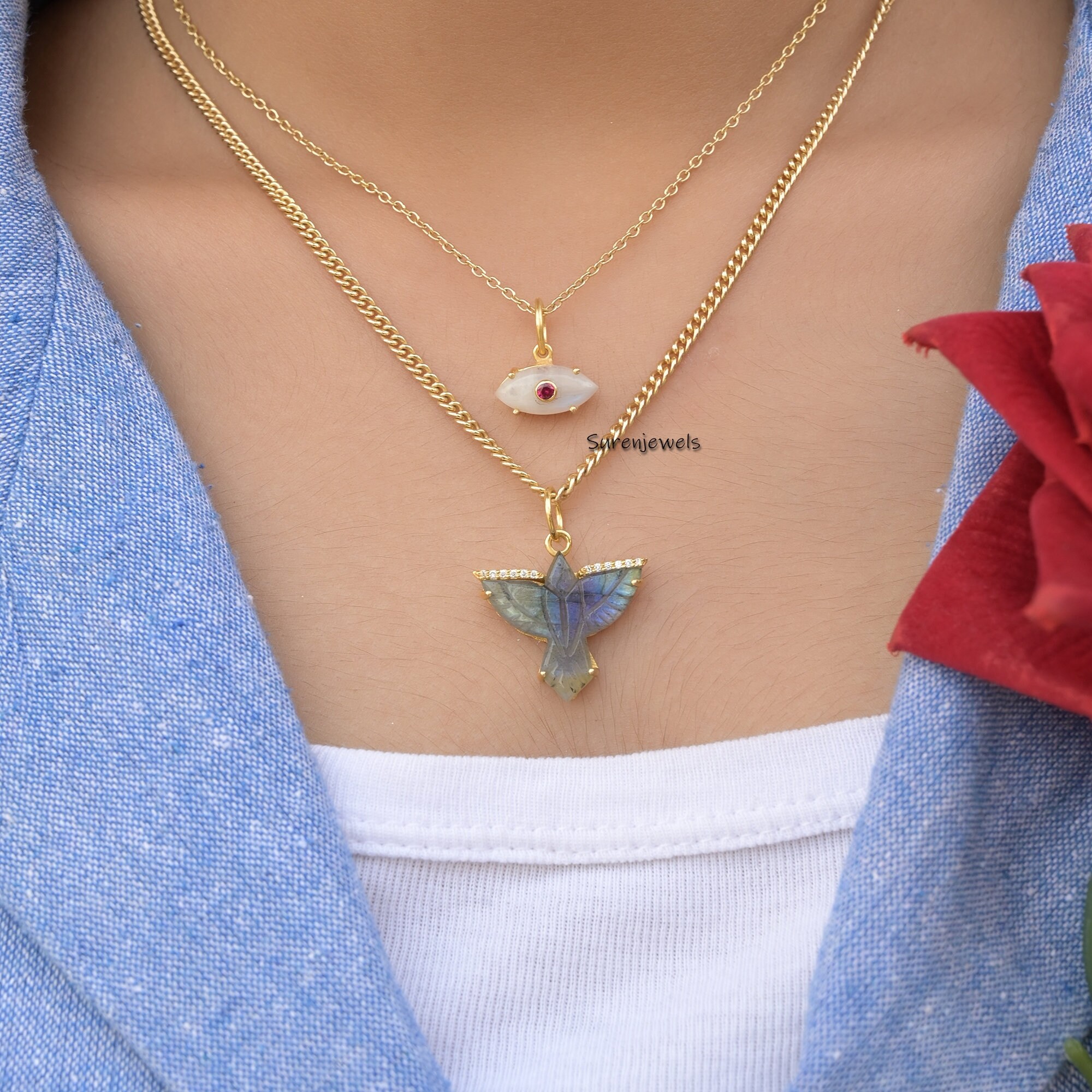 14K Gold Carved Gemstone Bird Pendant: Flying Swallow Charm - View 7 - Suren Jewels | SKU: SJP1711