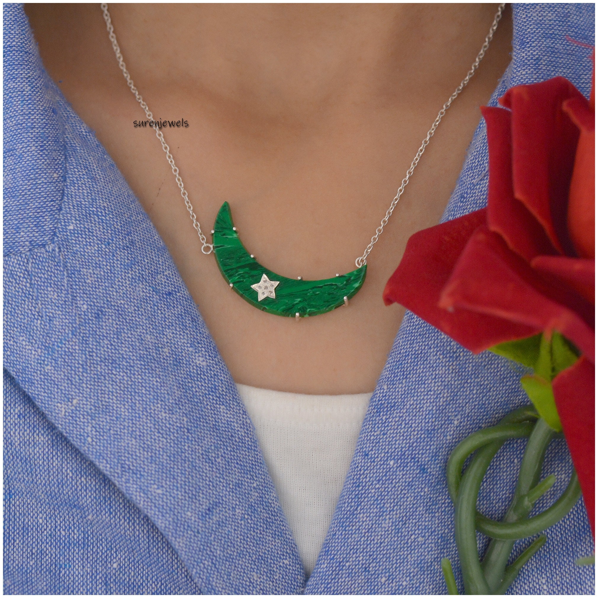14k Gold Plated Turquoise Moon Pendant Necklace: Gemstone Jewelry - View 4 - Suren Jewels | SKU: SJN693-SLNSDIMK-18I