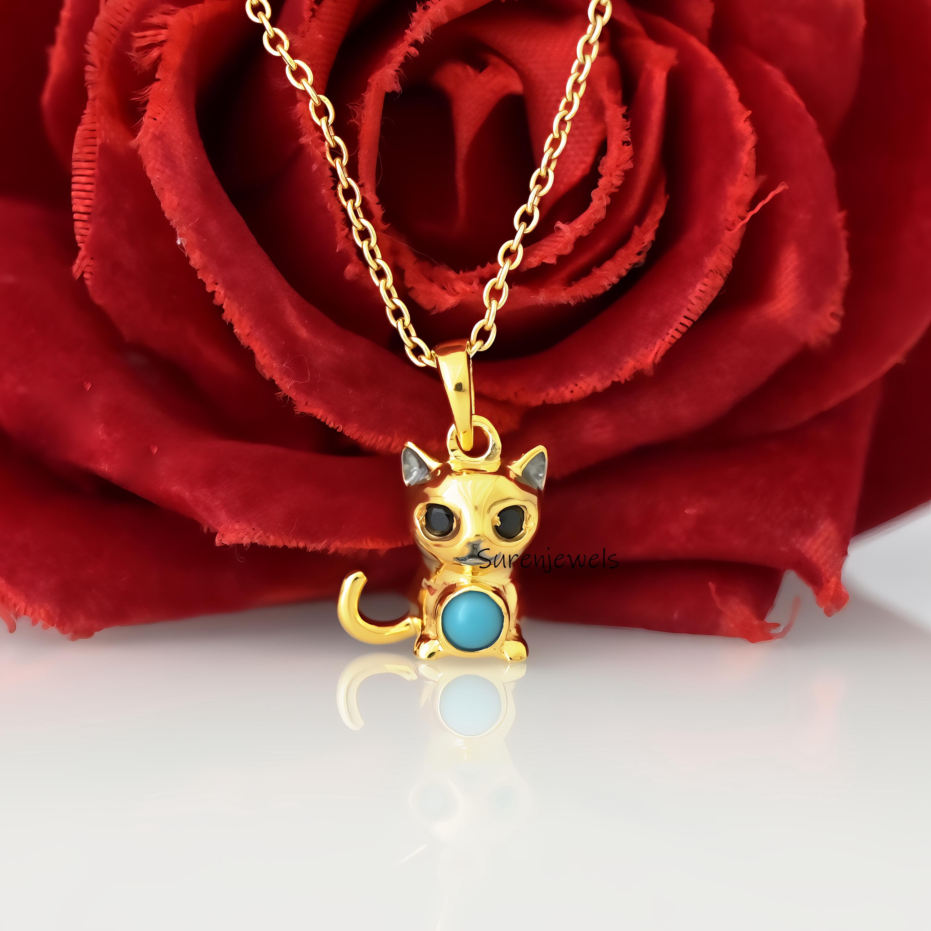 14k Gold Gemstone Cat Pendant: Designer Animal Jewelry - View 6 - Suren Jewels | SKU: SJP4941-SLYGTQCZELBK-15M,SJP4619-SLYGPO