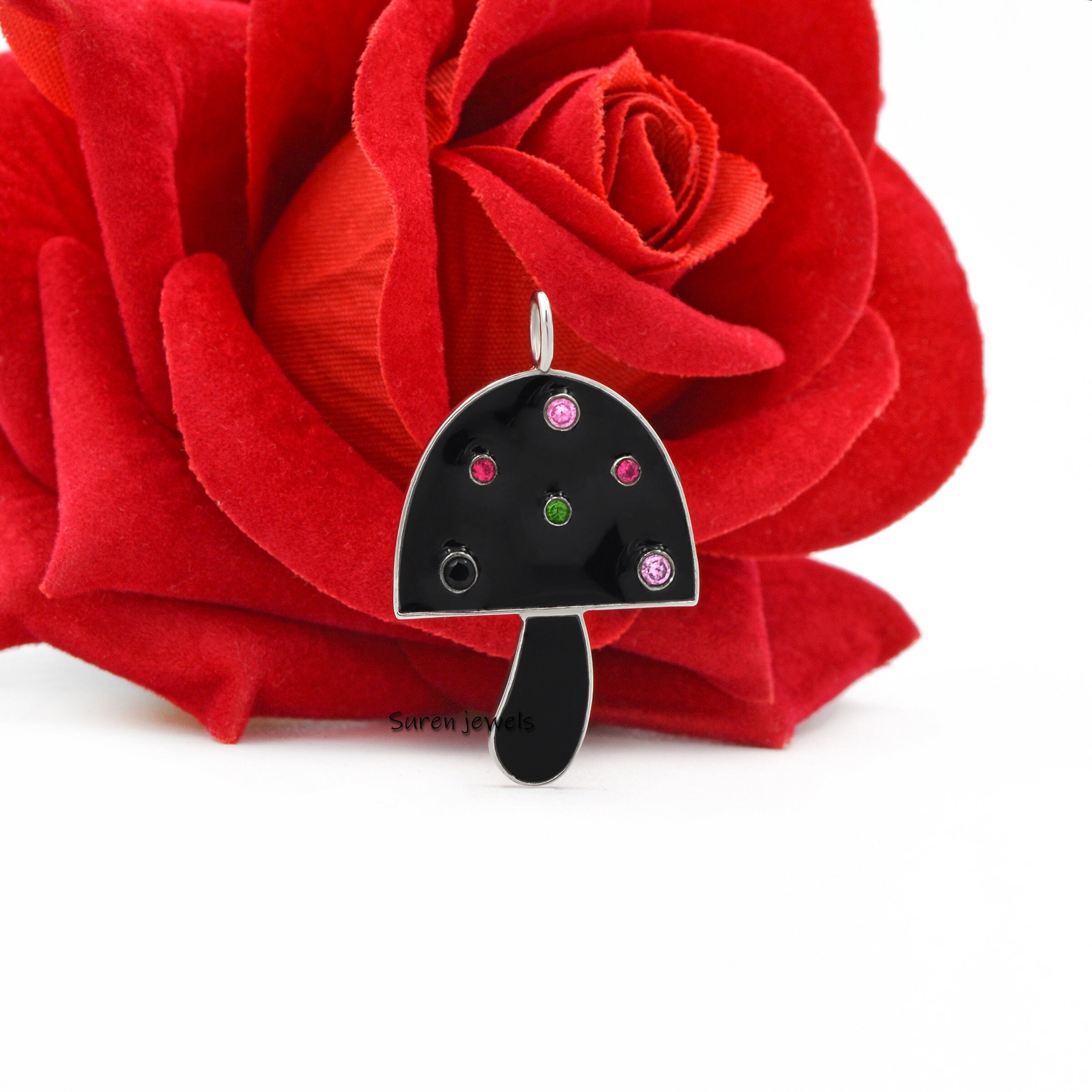 14k Gold Enamel Mushroom Pendant: Gemstone Charm (35x20 mm) - View 5 - Suren Jewels | SKU: SJM30