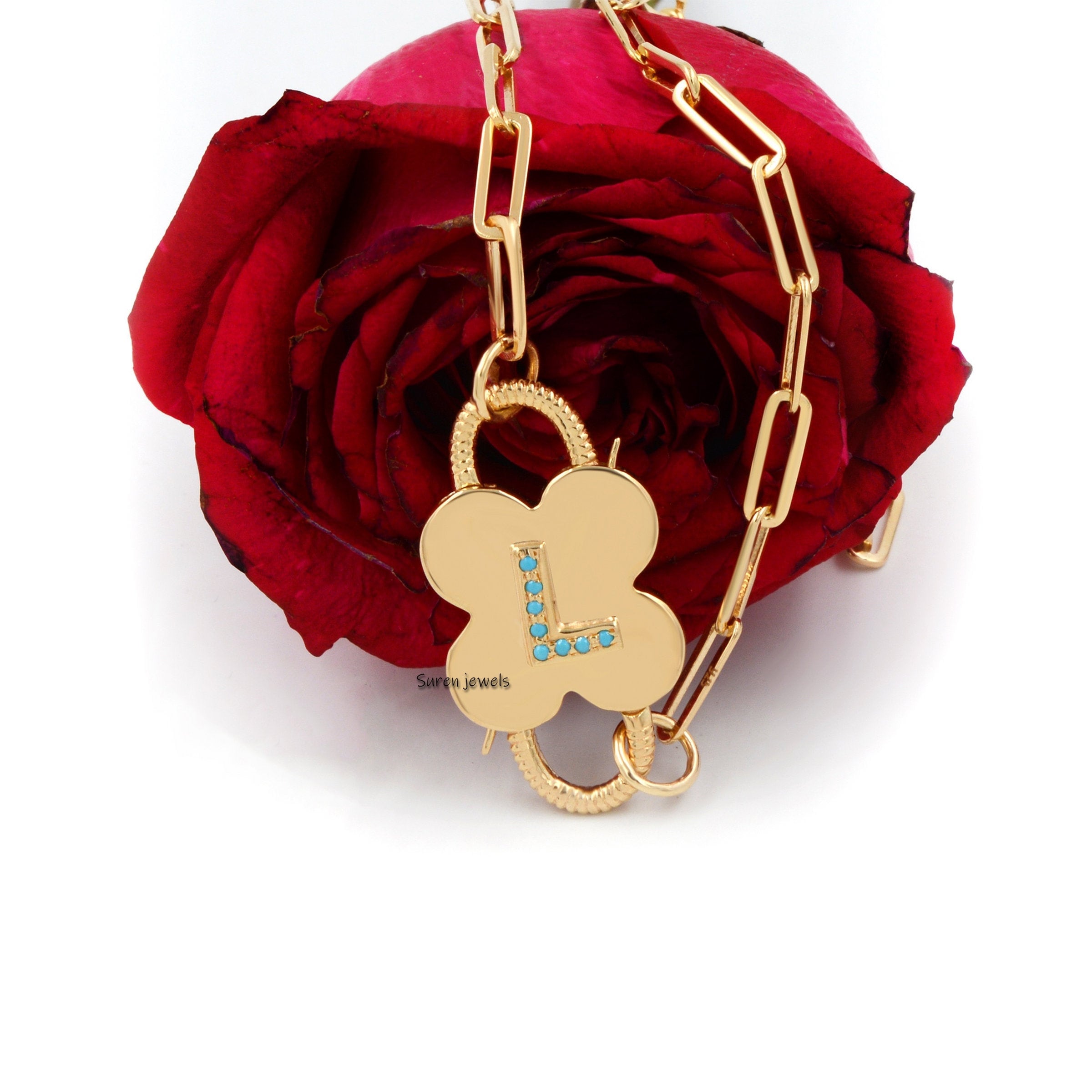 925 Silver Turquoise Initial Padlock Pendant - 14k Gold Vermeil Openable Alphabet Lock - Suren Jewels | SKU: SJP25-SLRGDI