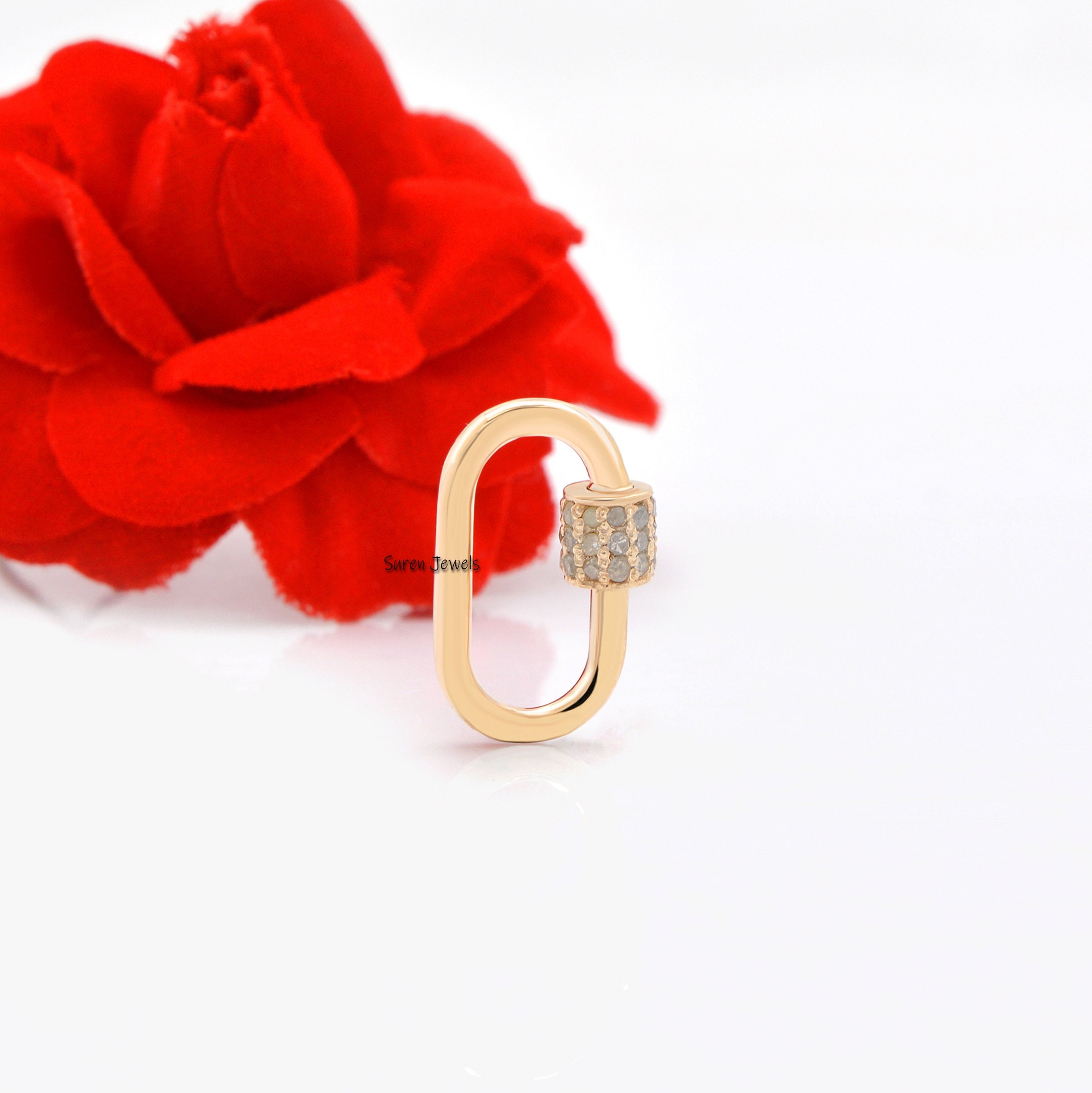 14K Gold Diamond Carabiner Lock: Oval Screw Clasp - View 6 - Suren Jewels | SKU: SJC131-14KYGDI-16M