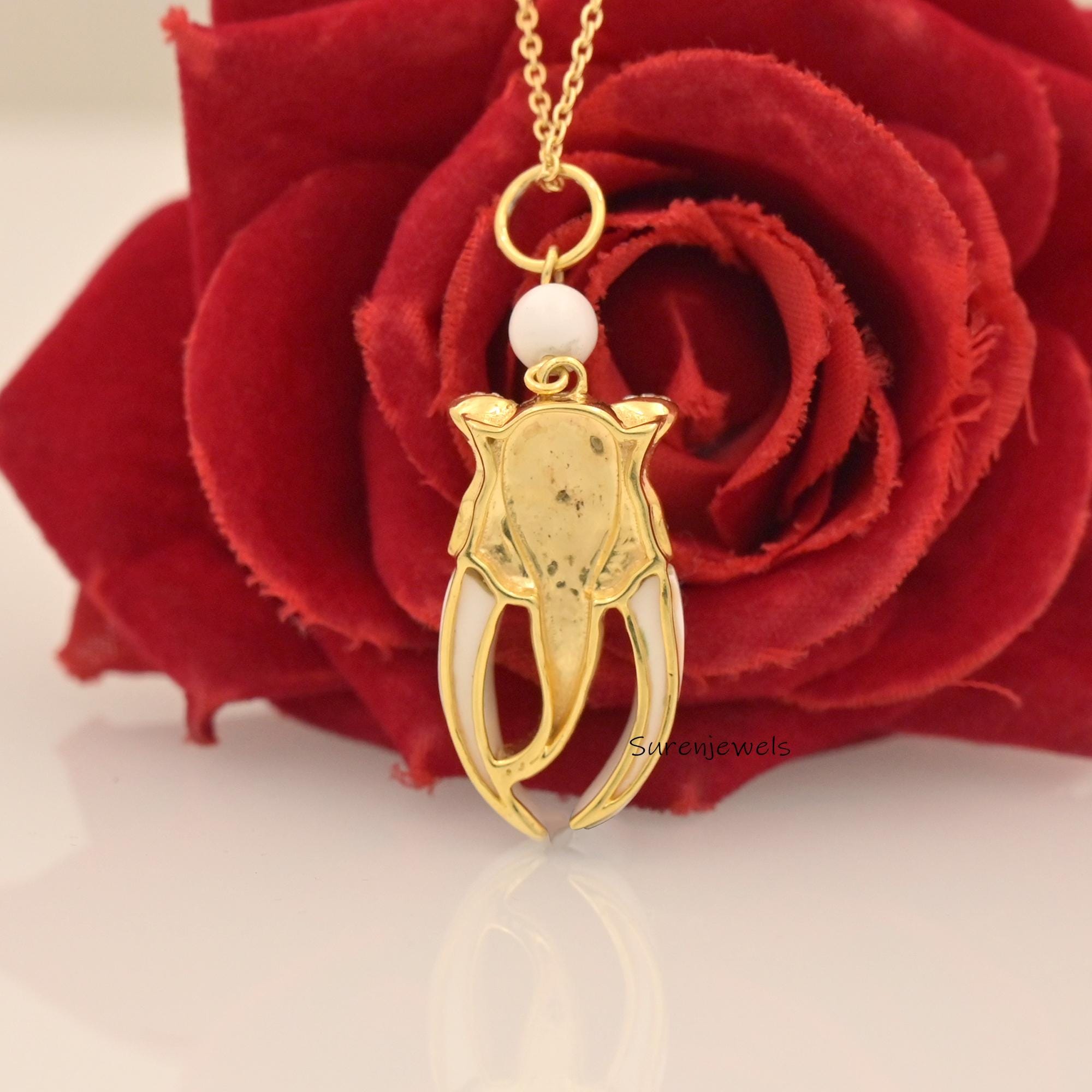14k Gold Carved Elephant Pendant: Coral & Druzy Gemstone, Moissanite Accent - View 2 - Suren Jewels | SKU: SJP4737-SLYGWCRCZ-
