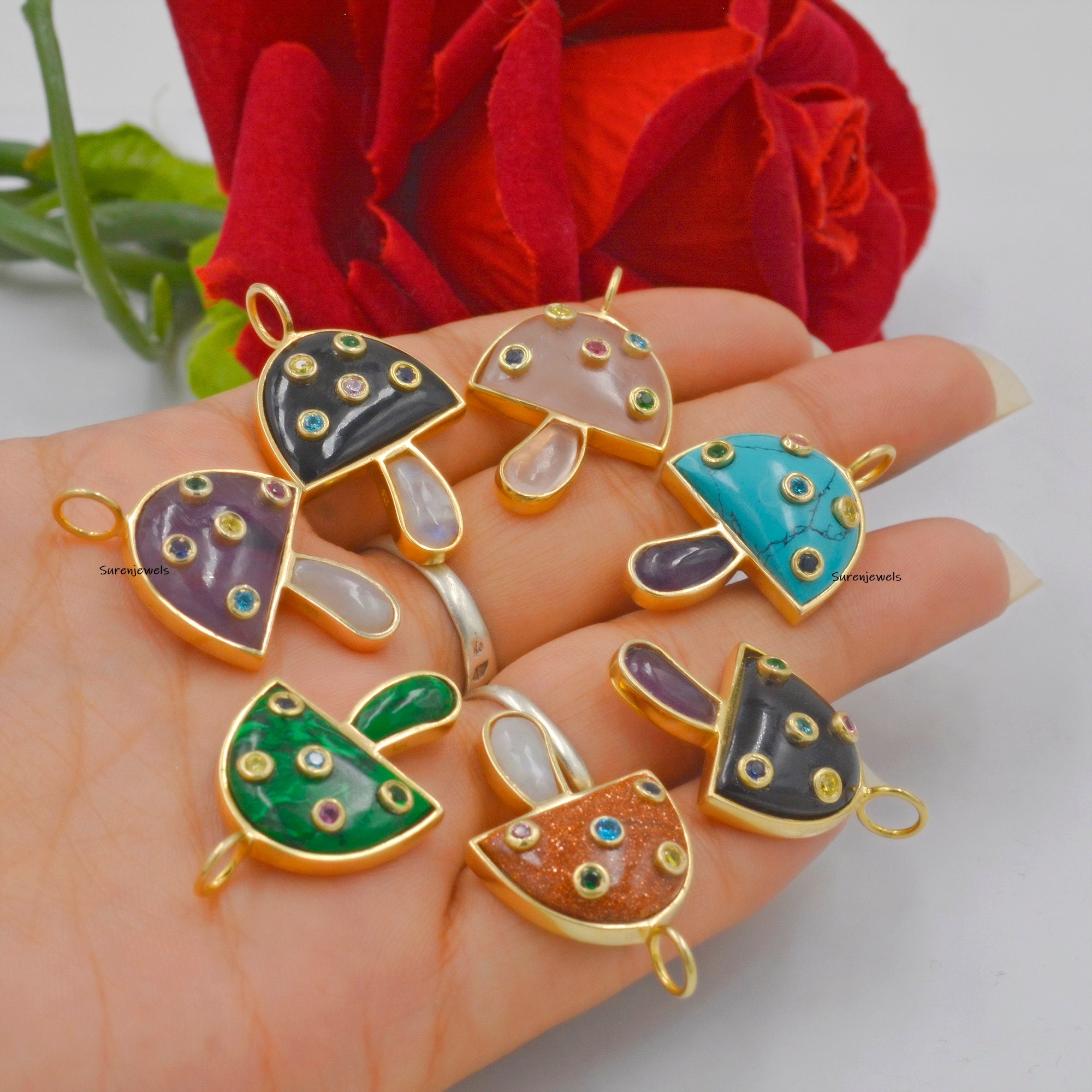 14k Solid Gold Mushroom Pendant, Pave Set Mushroom Pendant, Magic Mushroom Pendant, Gemstone Mushroom Pendant, Whoesale Mushr