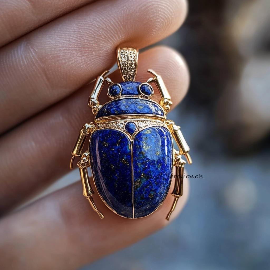 14K Gold Lapis Lazuli Scarab Pendant: Hand Carved Amulet Charm - View 4 - Suren Jewels | SKU: SJP3493-SLYGLPZ-35M,SJP3487-SLY
