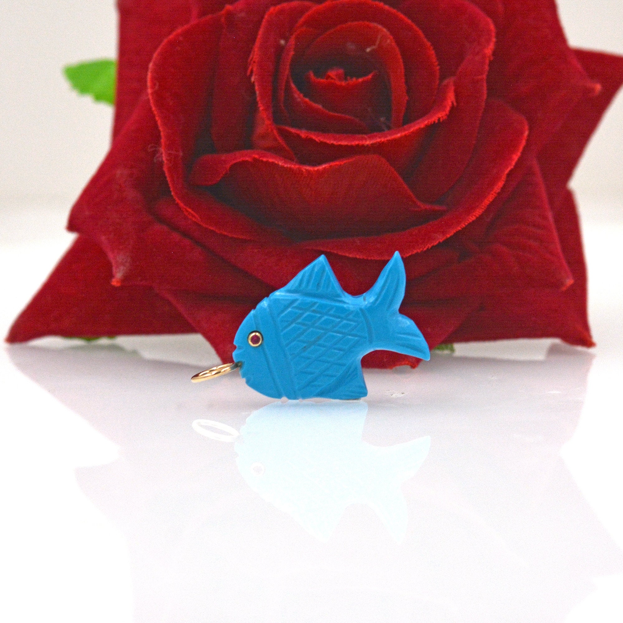 14K Gold Turquoise Fish Pendant: Lucky Carved Fish Charm - View 3 - Suren Jewels | SKU: SJP1634