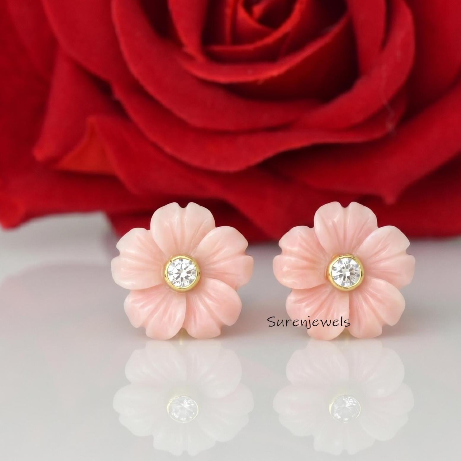 925 Silver Gemstone Flower Studs, Designer Carved Flower Studs Earrings, Turquoise Flower Studs, Handmade Flower Studs, Weddi