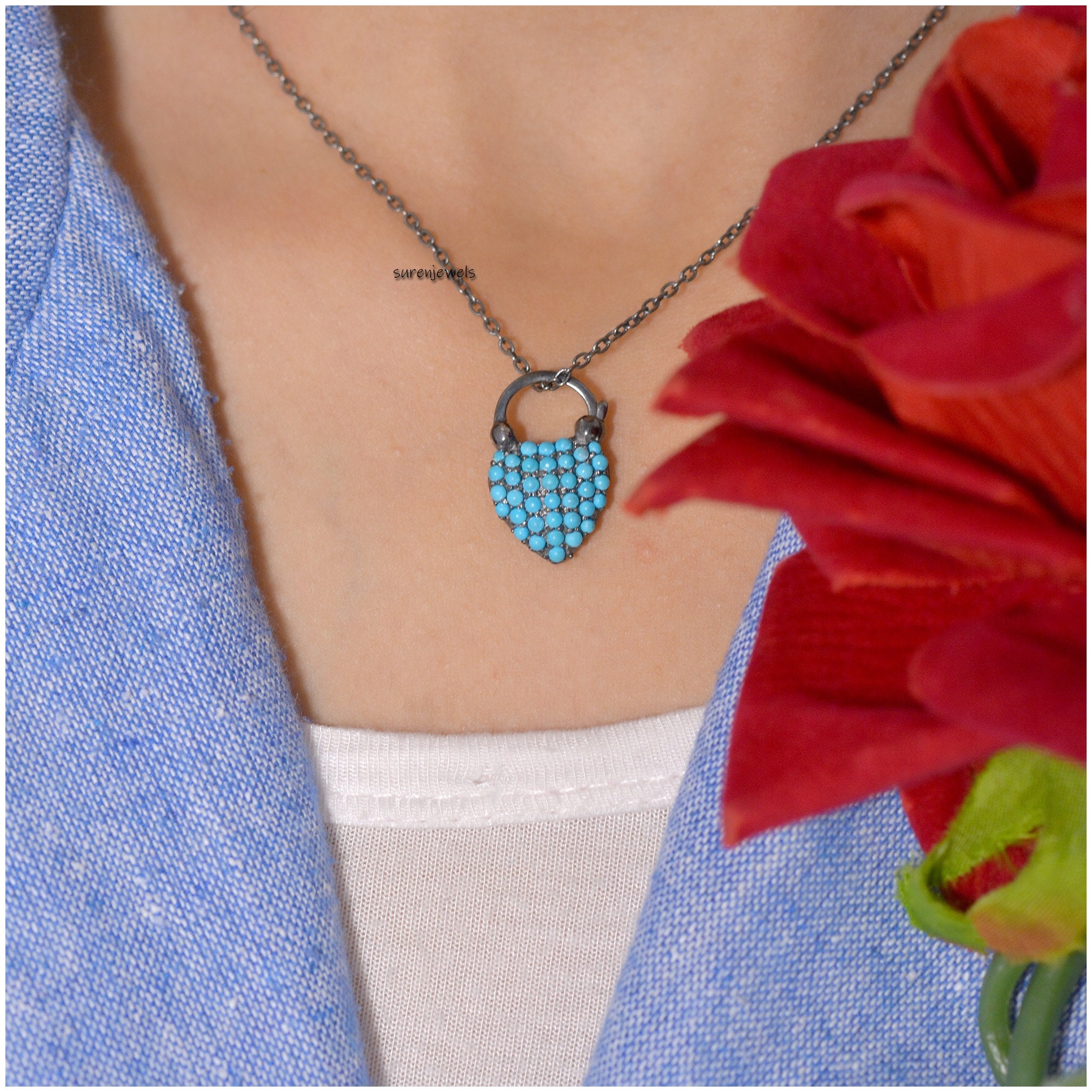 925 Silver Turquoise Heart Padlock: Gemstone Connector Pendant - View 2 - Suren Jewels | SKU: SJP1345-SLYGTQ-25M