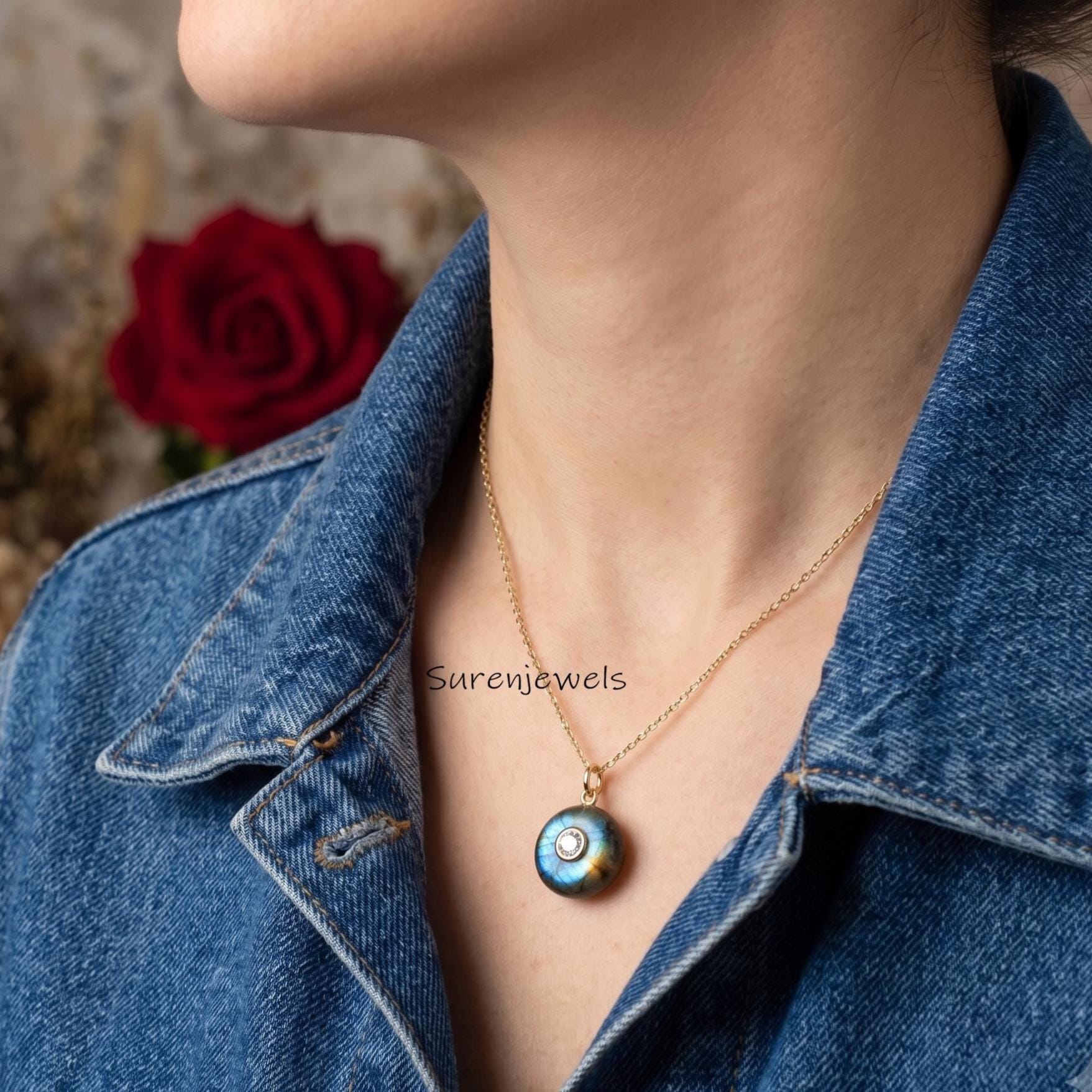 14K Gold Plated Carved Gemstone Round Ball Pendant, Gemstone Round Disc Pendant, Designer Handmade Ball Disc Pendant, Quartz