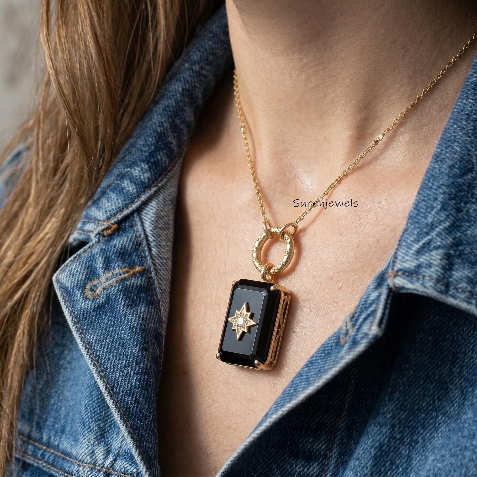 14k Gold Gemstone Square Star Pendant, Handmade Designer Rectangle Gemstone Necklace - Suren Jewels | SKU: SJP