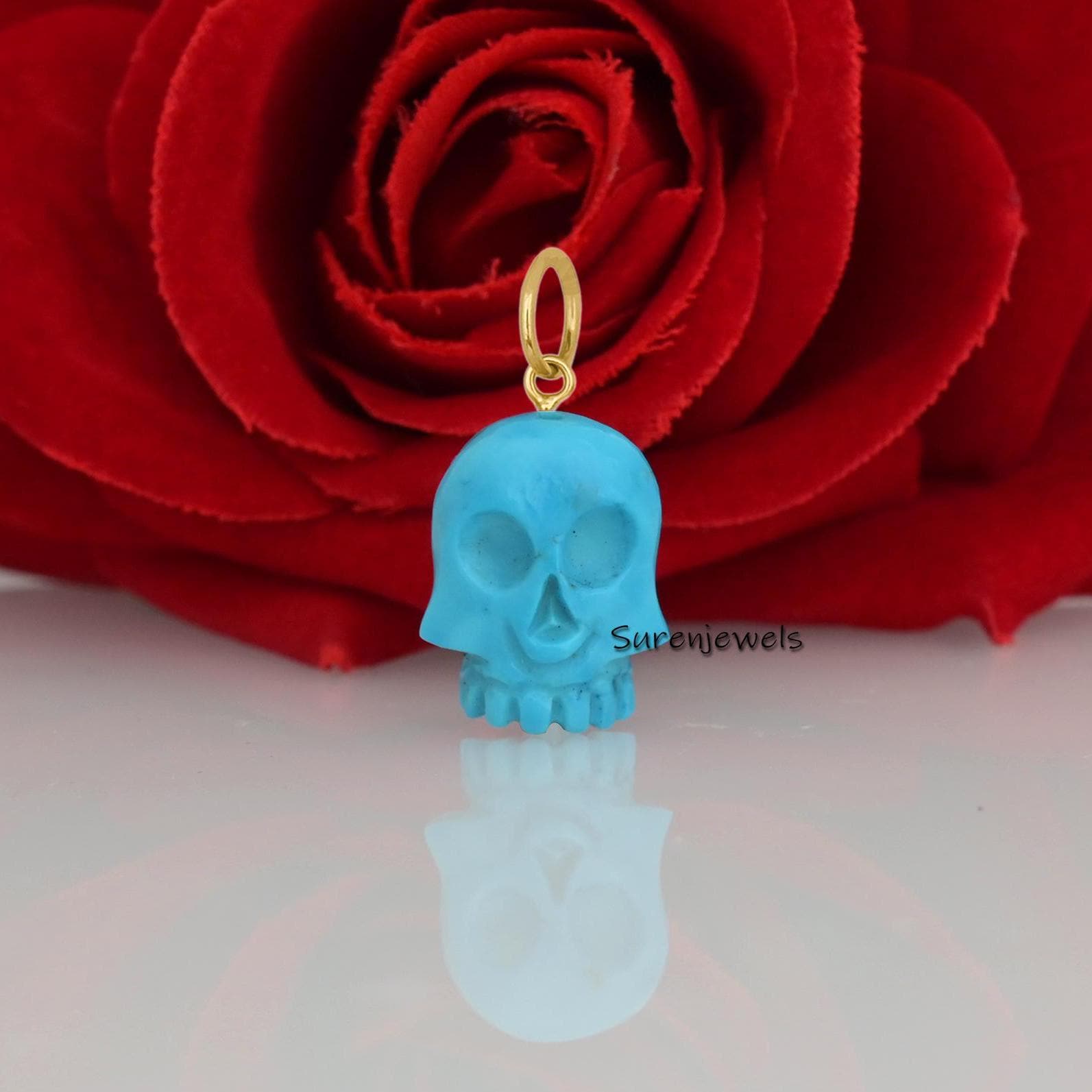 Hand Carved Turquoise Skull Pendant: Synthetic Gemstone Jewelry - Suren Jewels | SKU: SJP