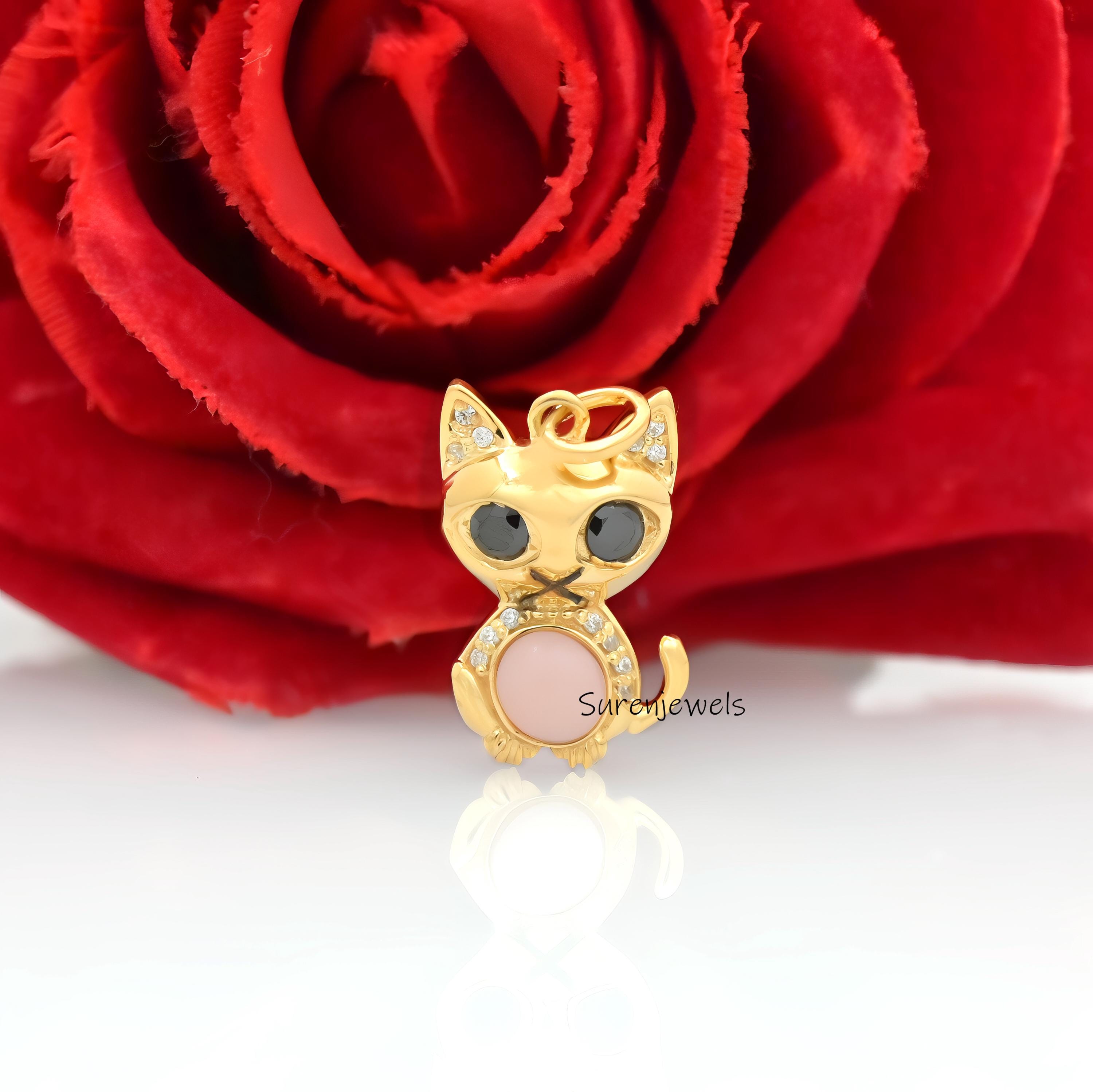 14k Gold Gemstone Cat Pendant: Designer Animal Jewelry - View 5 - Suren Jewels | SKU: SJP4941-SLYGTQCZELBK-15M,SJP4619-SLYGPO
