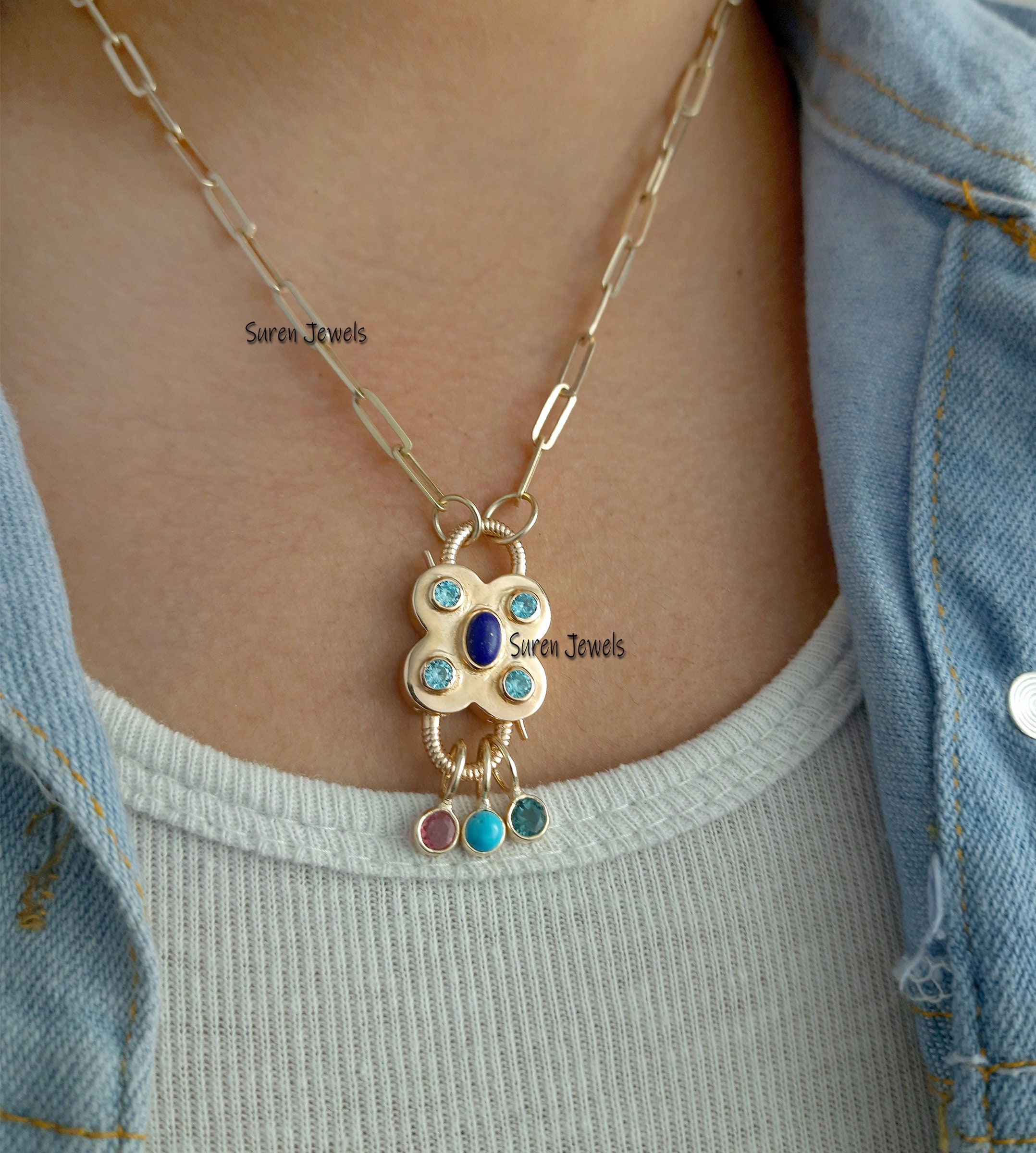 925 Silver Gemstone Padlock Pendant: Lapis, Turquoise Drop Necklace - Suren Jewels | SKU: SJP65-SJP468-SJN47-18I