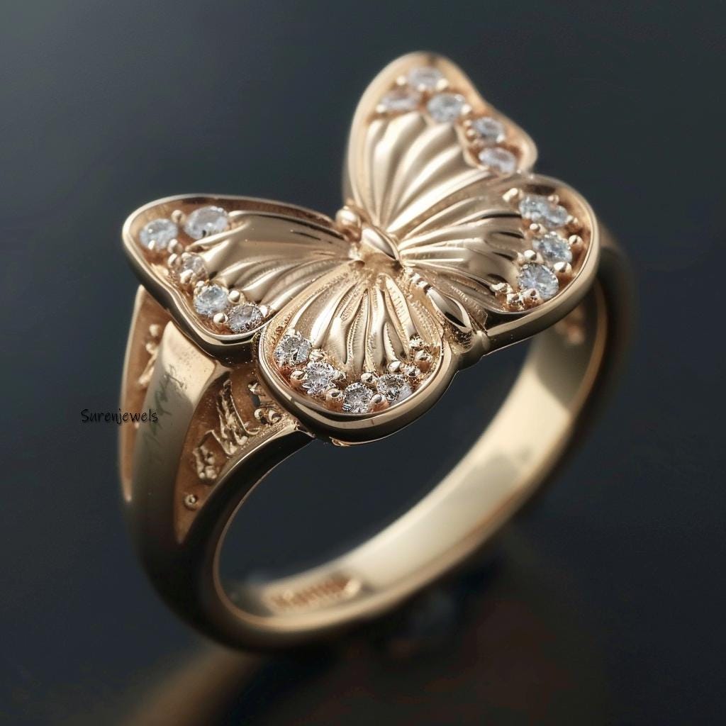 14K Solid Gold Butterfly Ring: Moissanite Animal Jewelry - View 2 - Suren Jewels | SKU: SJR3190-SLYGCZ-US-9,SJR2766-SLYGCZ-US
