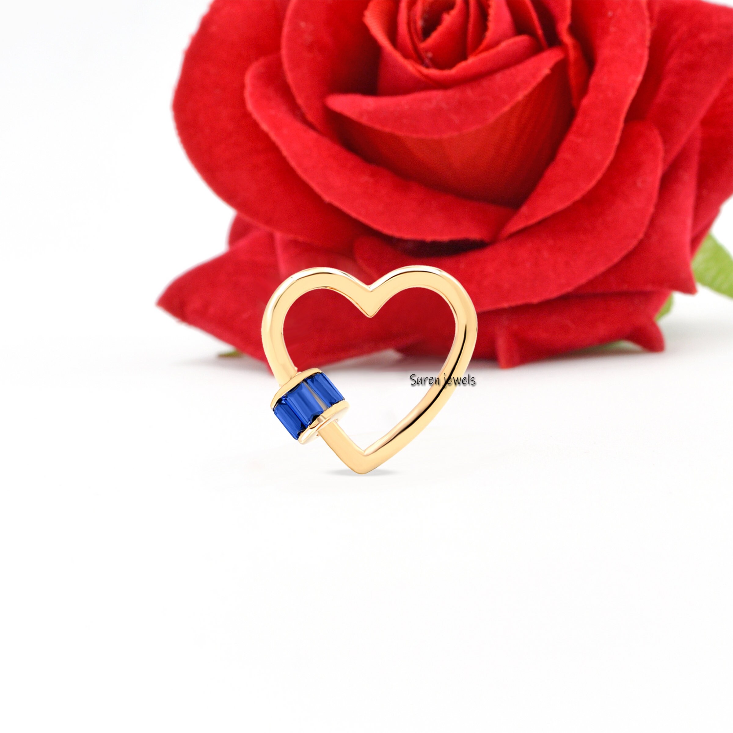 925 Silver Heart Carabiner Lock: Baguette Pendant, Designer Jewelry - View 3 - Suren Jewels | SKU: SJC14-14KYGBTTBSP-20M