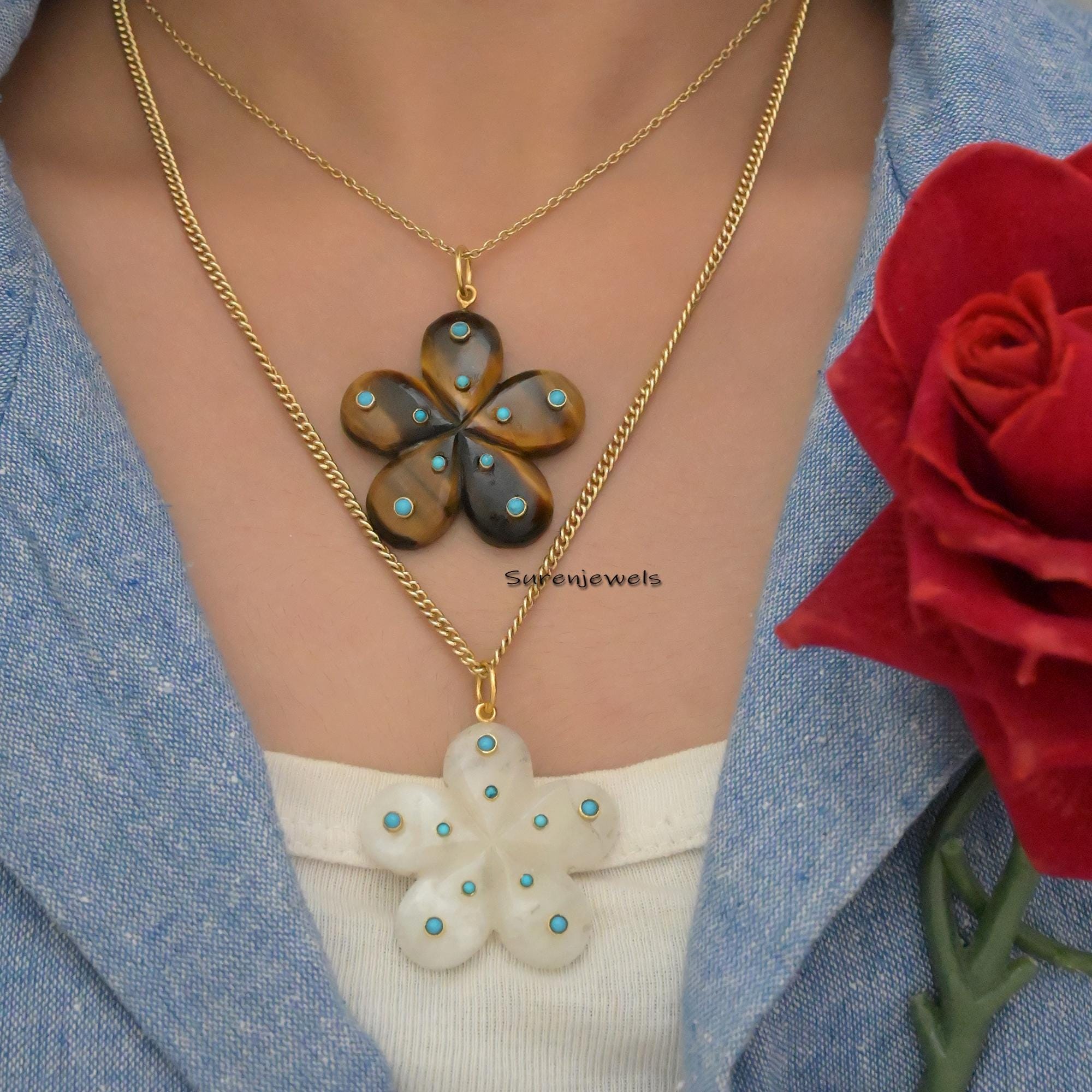 14K Solid Gold Gemstone Flower Pendant - Handmade Vintage Style - View 4 - Suren Jewels | SKU: SJP2453-SLYGGOPCZR