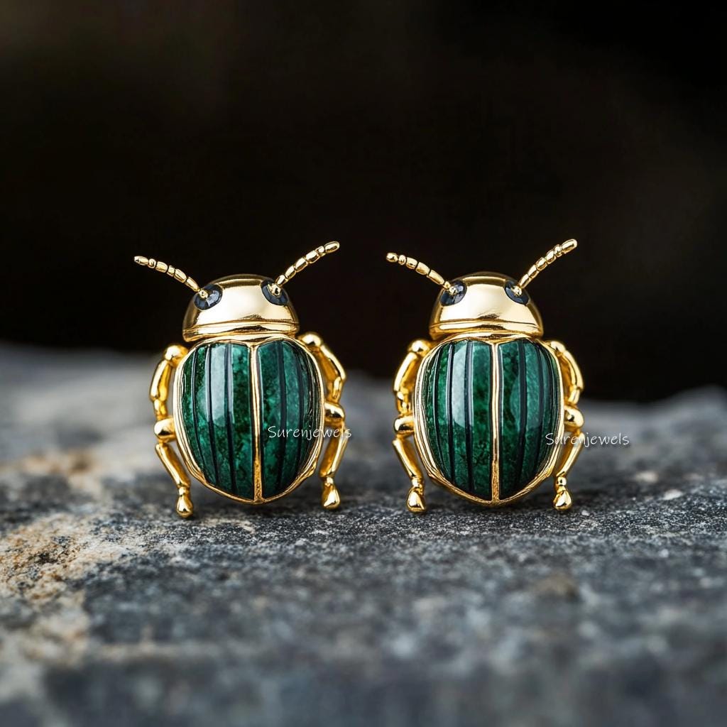 14K Gold Scarab Studs: Hand Carved Egyptian Beetle Earrings - View 3 - Suren Jewels | SKU: SJE1785-SLYGMK-12M,SJE1841-SLRGLB-