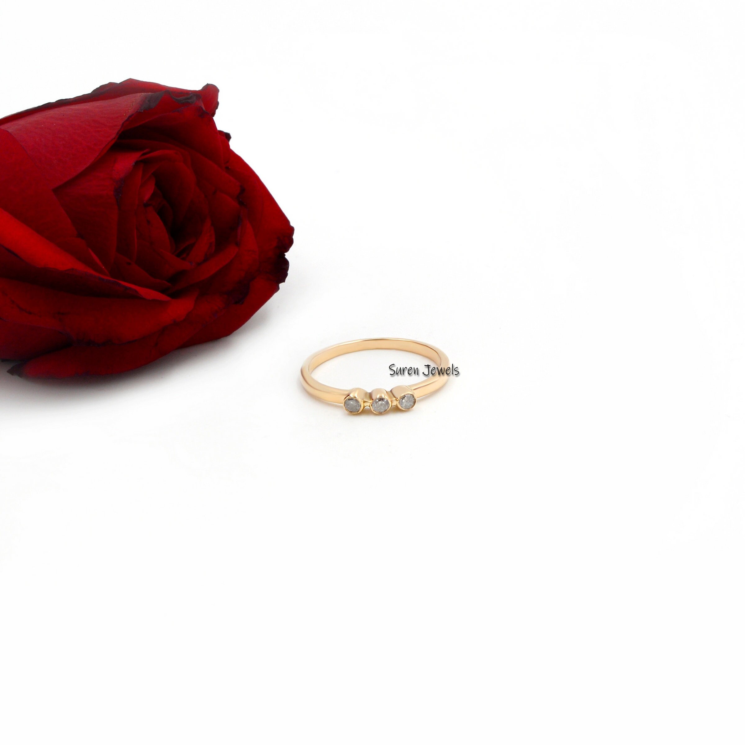14K Solid Gold Diamond Ring: Bezel Set Three Stone Ring - View 4 - Suren Jewels | SKU: SJR700-14KRGDI