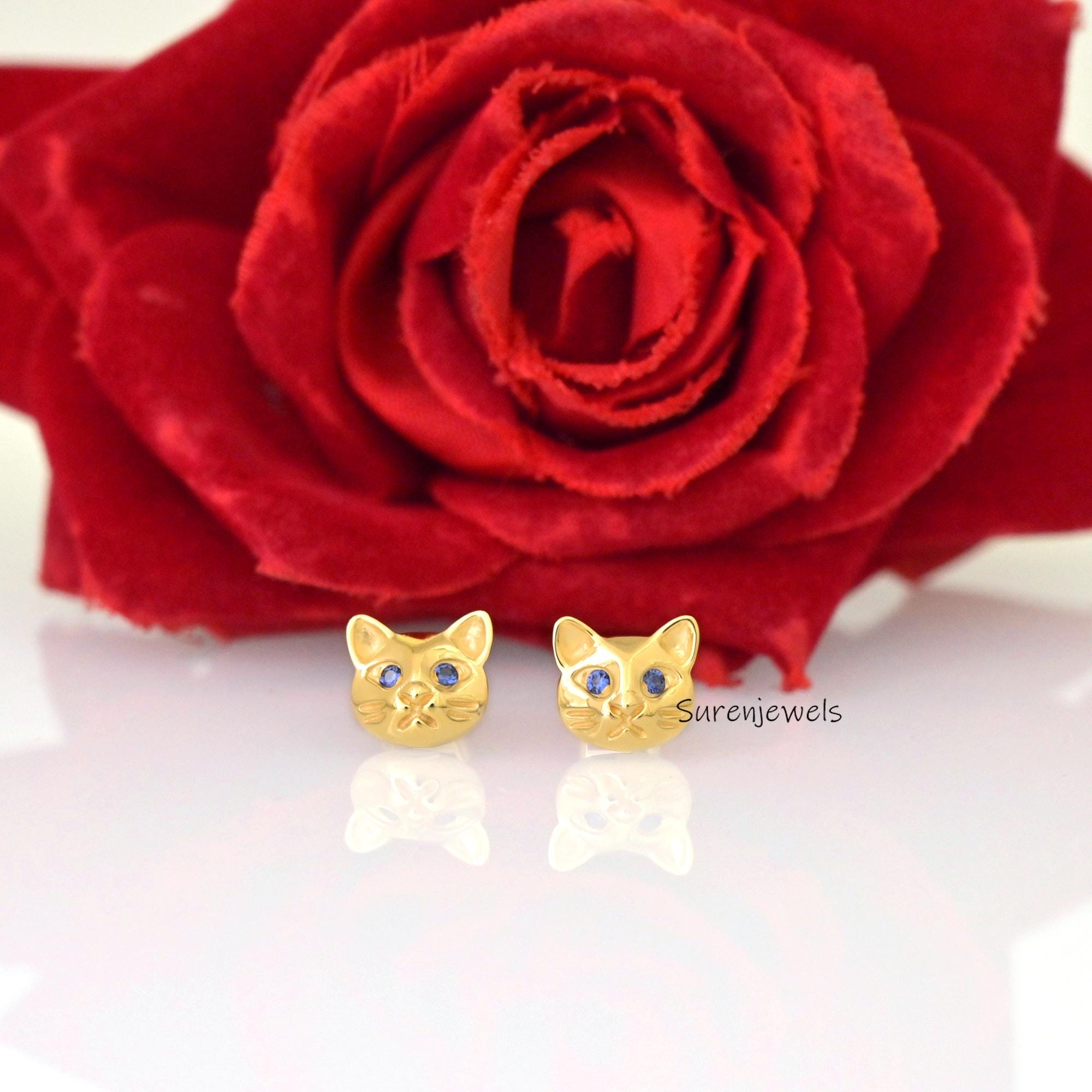 14k Gold Tiny Cat Stud Earrings, CZ Eyes - Suren Jewels | SKU: SJE1863-SLYGBSP-10M