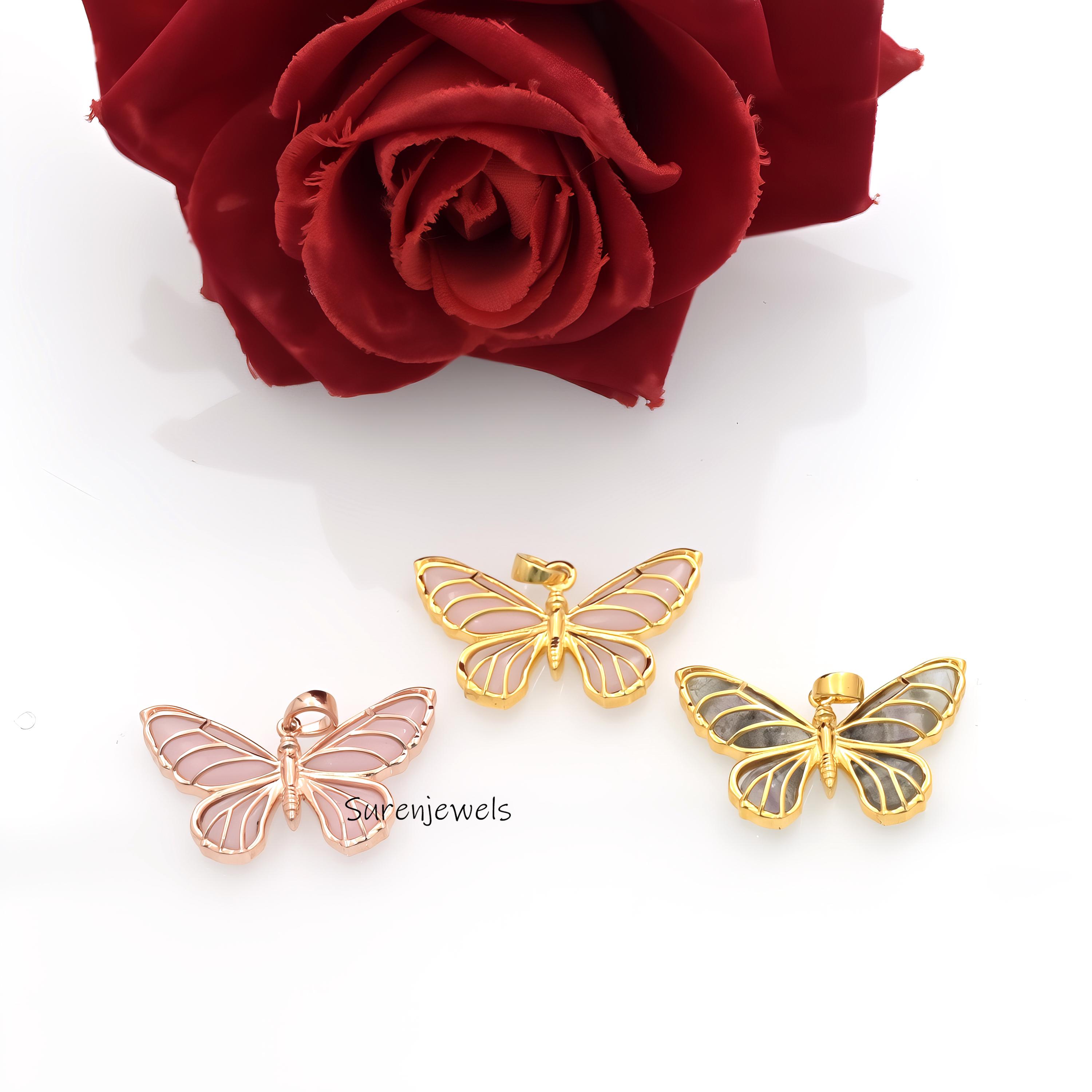 14K Gold Butterfly Charm: Handmade Carved Gemstone Pendant - View 4 - Suren Jewels | SKU: SJP4616-SLYGTL-25M