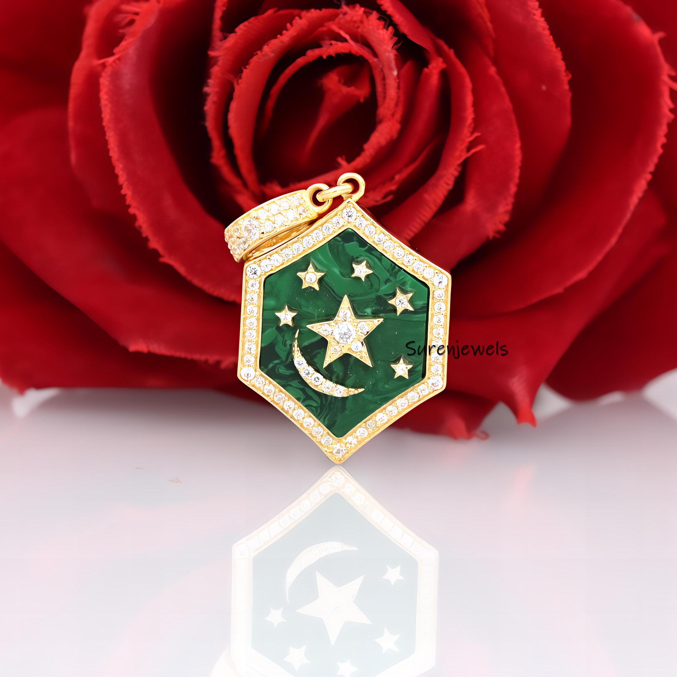 14k Gold Star Moon Hexagon Pendant: Handmade Designer Charm - Suren Jewels | SKU: SJP4189-SLYGMKCZ-25M
