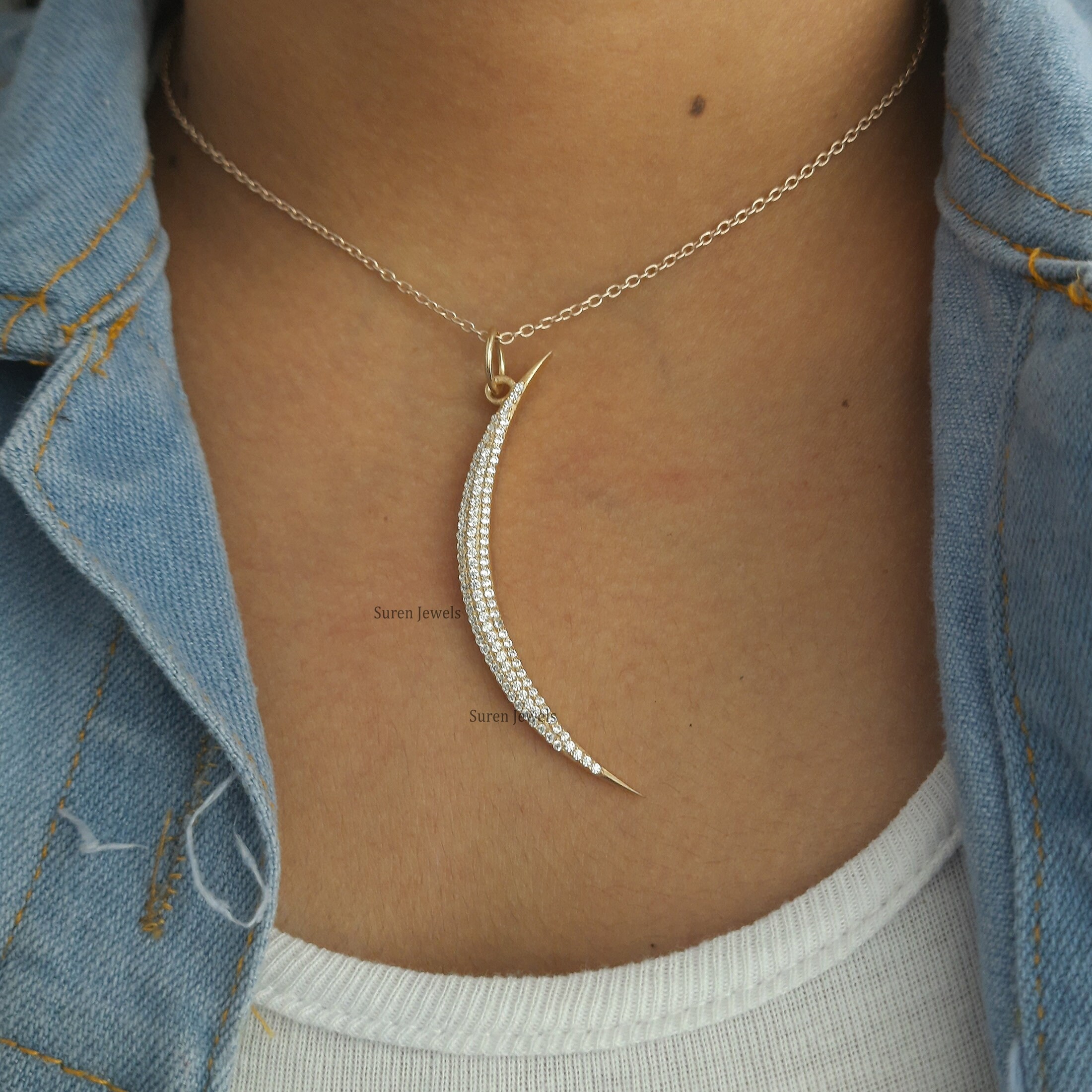 Sterling Silver Half Moon Pendant: Diamond & Sapphire Designer Jewelry - View 3 - Suren Jewels | SKU: SJP197-SLYGCZ