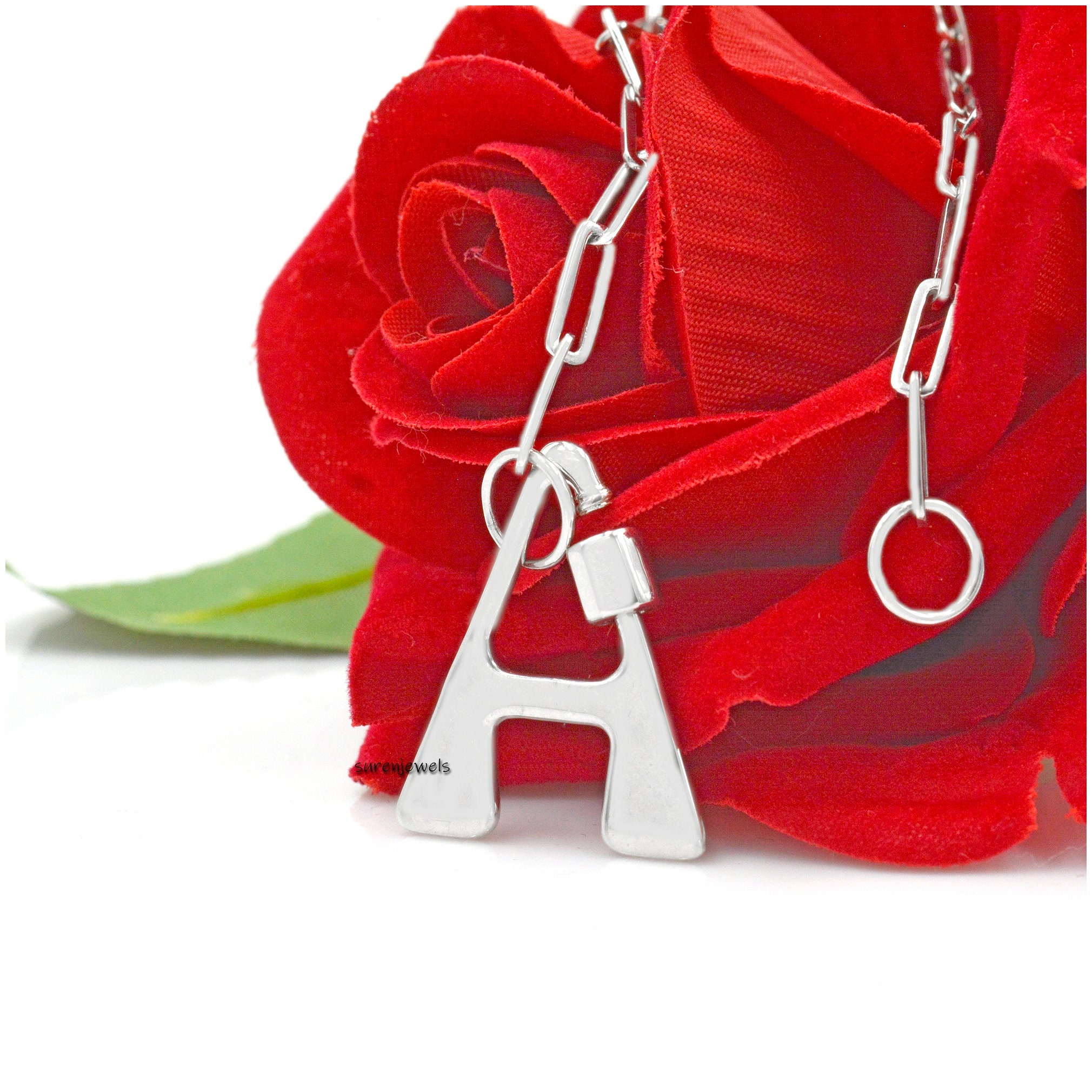 925 Silver Initial Lock Necklace: Personalized Letter Carabiner - View 5 - Suren Jewels | SKU: SJC88-SLYG-F-N47-18I-925