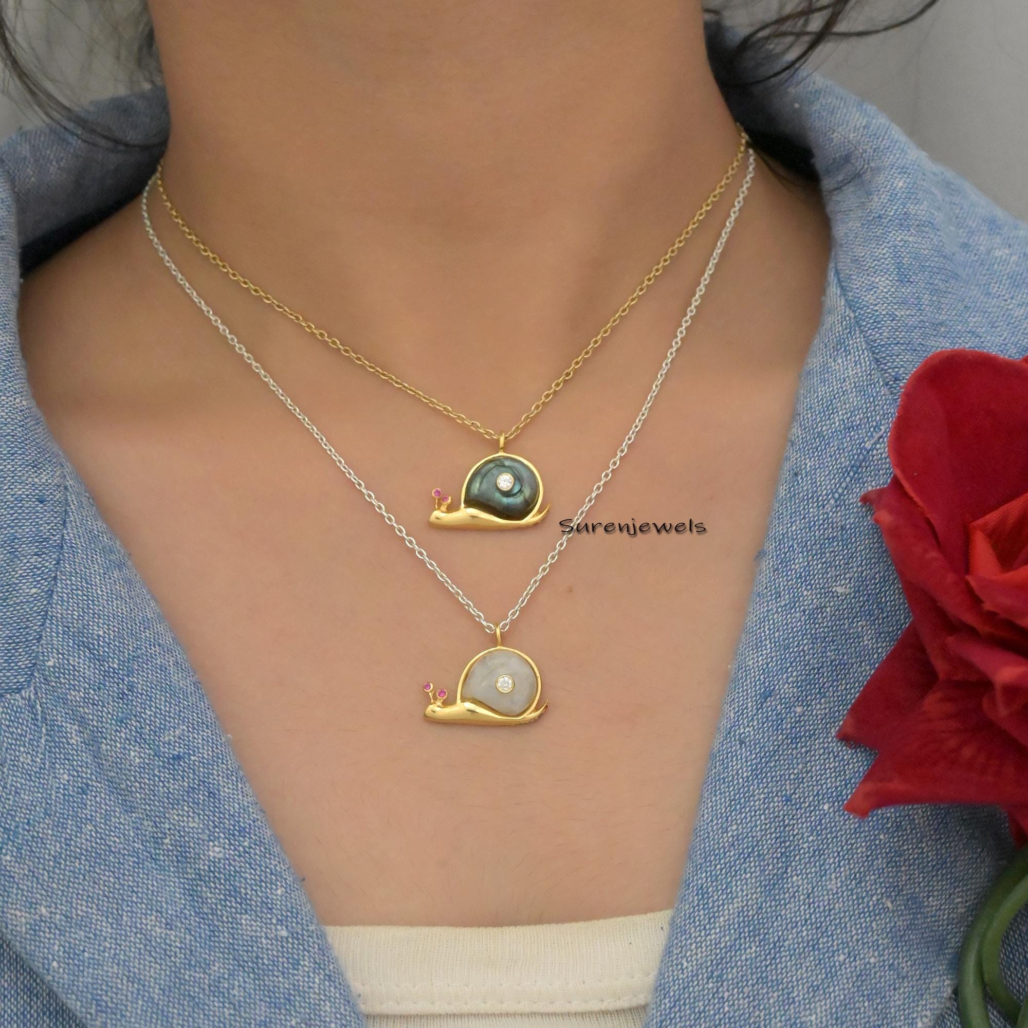 14K Gold Gemstone Snail Pendant: Handmade Yellow Gold Charm - View 5 - Suren Jewels | SKU: SJP1197